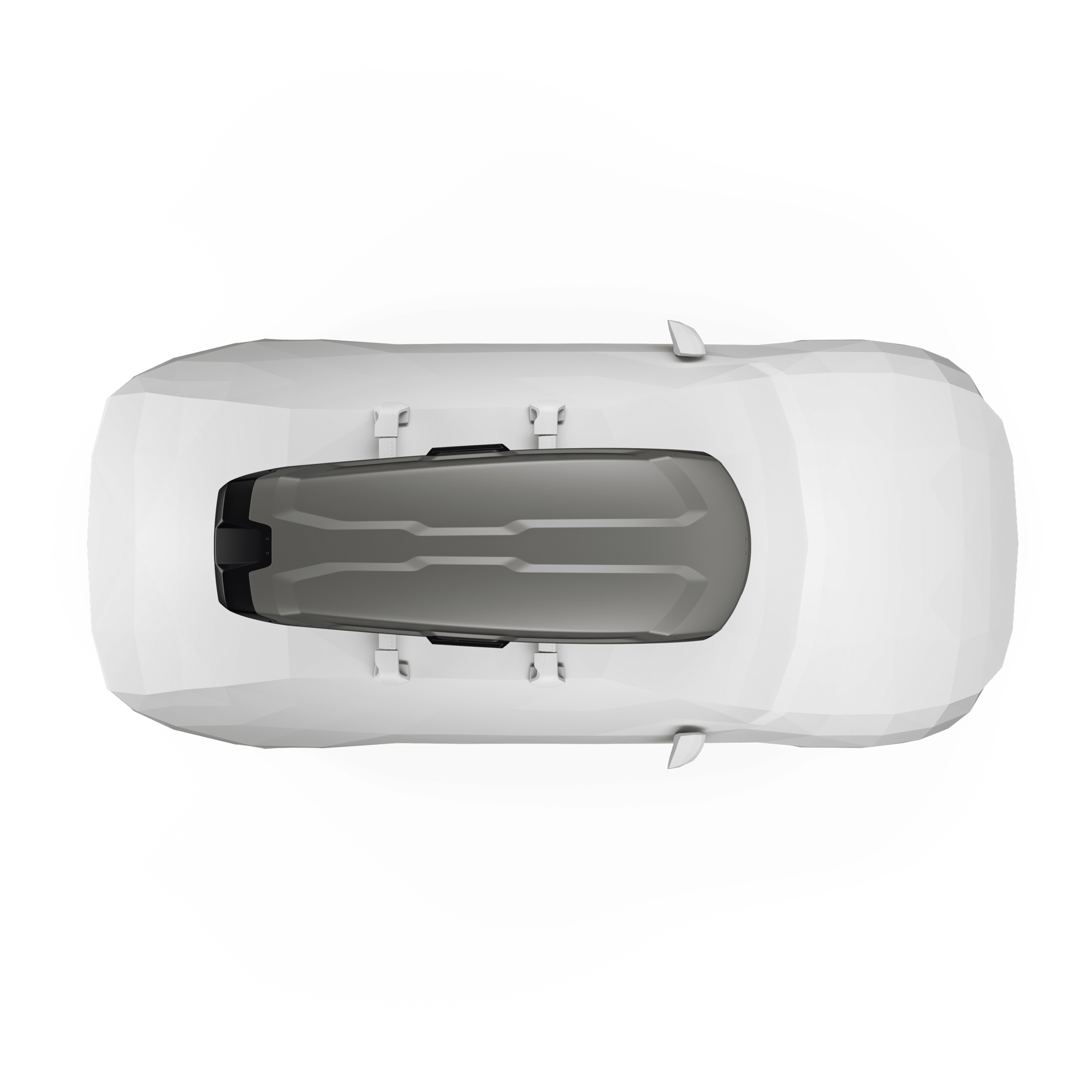 Overhead view of a white car with a dark gray Thule Vector L roof box.