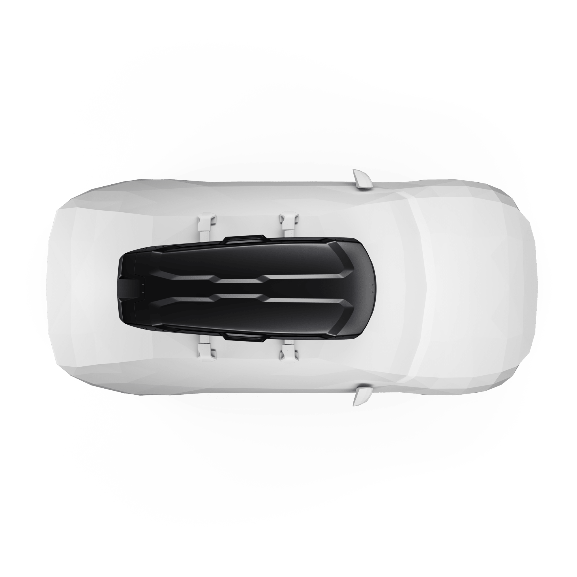 Thule Vector M black metallic roof cargo box on a white car, top-down view.