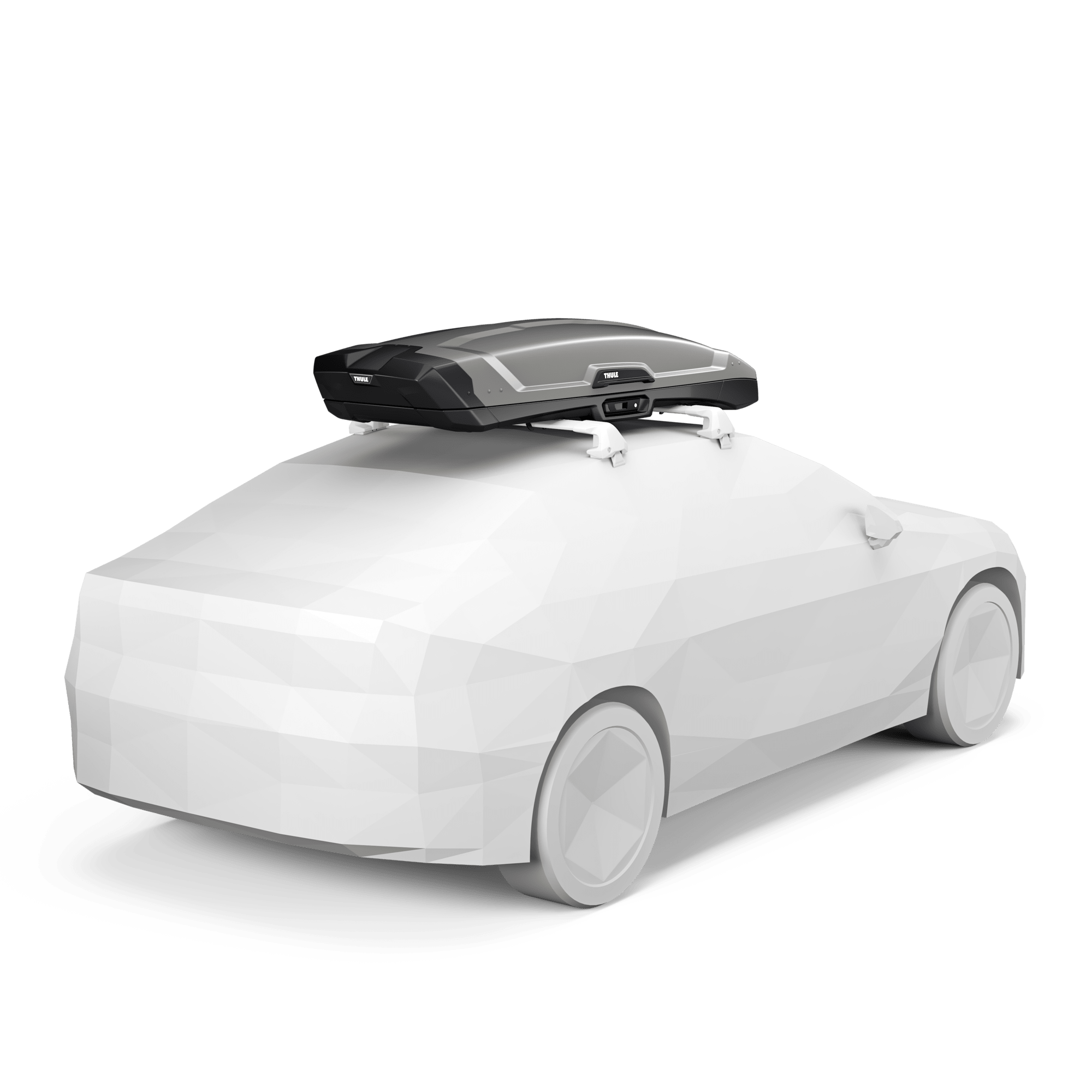 Thule Vector M Titan Matte cargo box on a white car, featuring a sleek, sporty design.