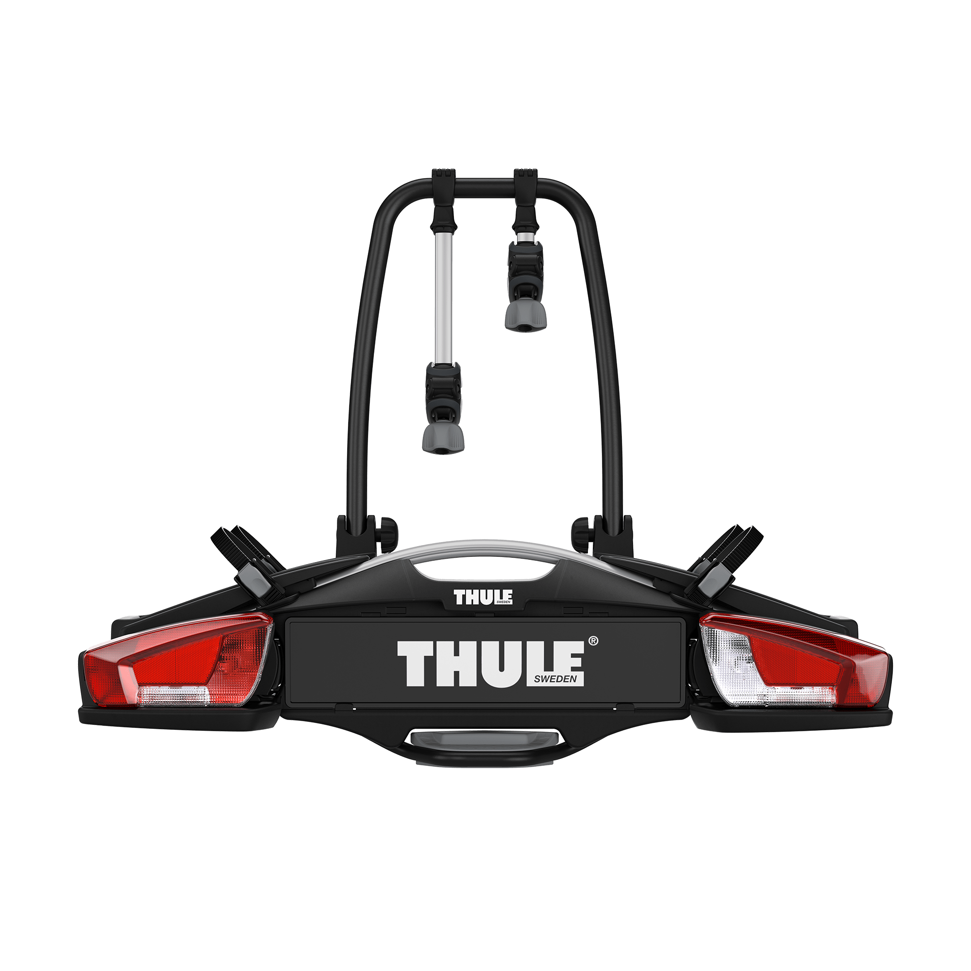 Black Thule VeloCompact 2 bike rack for 2 bikes, featuring red taillights and a compact design.