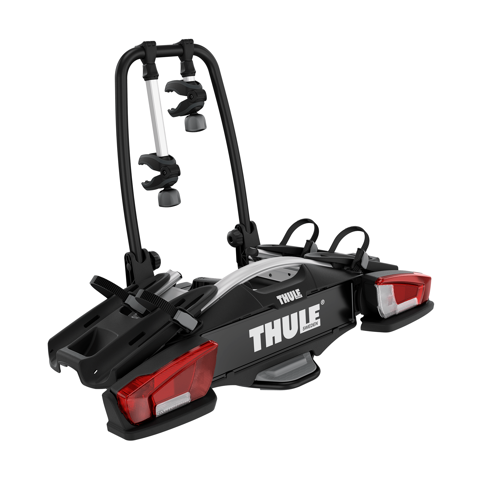 Black Thule VeloCompact 2 bike rack for 2 bikes, with red taillights and silver accents.