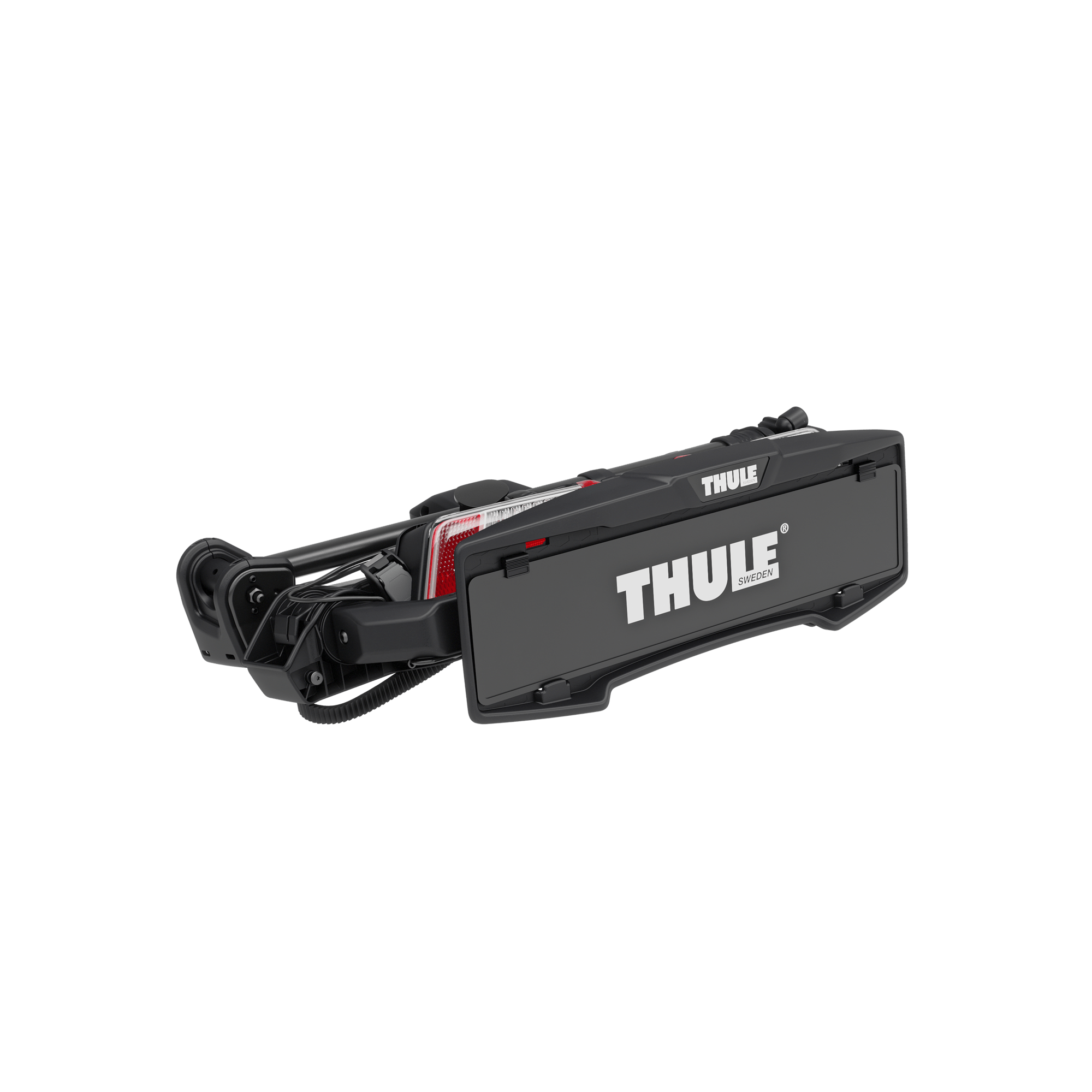 Thule VeloLite 1 black compact platform bike carrier, folded for storage, with red taillight detail.