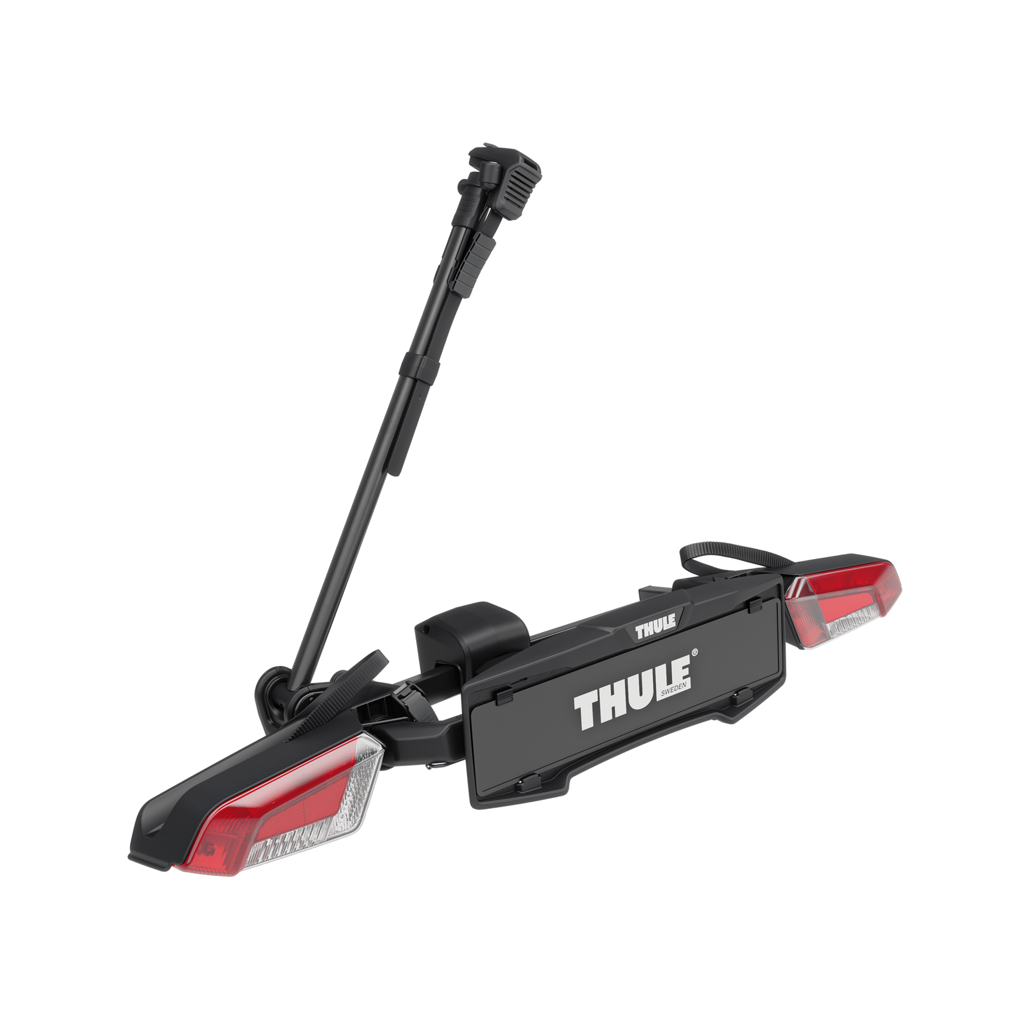 Black Thule VeloLite 1 towbar-mounted platform bike carrier with red taillights, compact and folded.