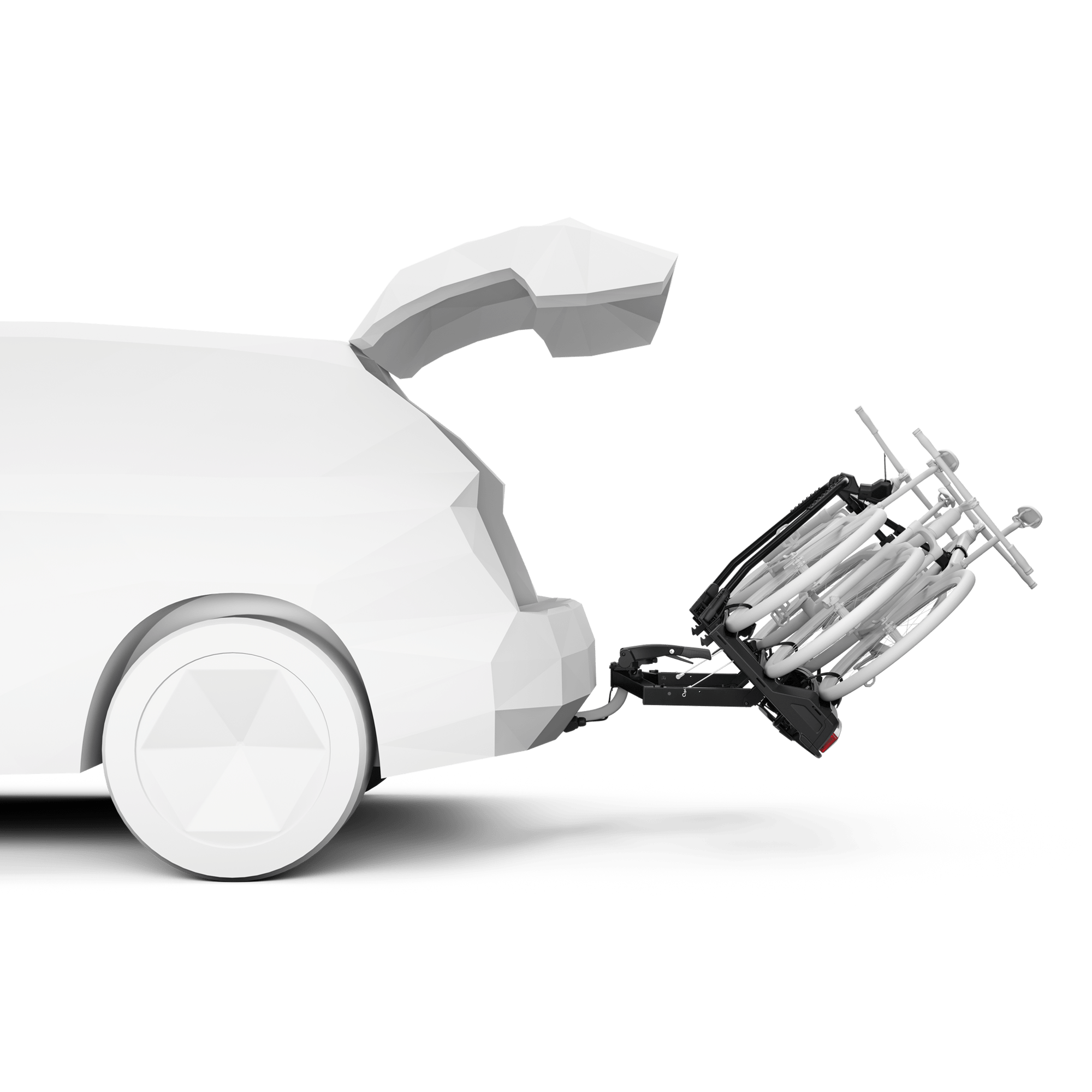 White Thule VeloSpace 3 towbar bike rack, folded and tilted back, attached to a white car's rear.