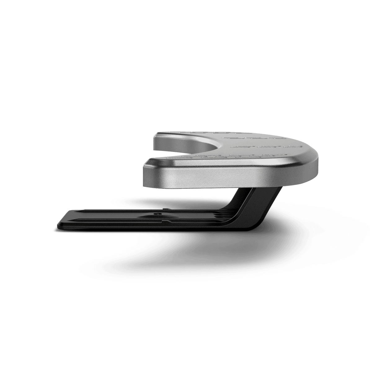 Silver Tread Mantel with a sleek, curved top and black base, viewed from the side.