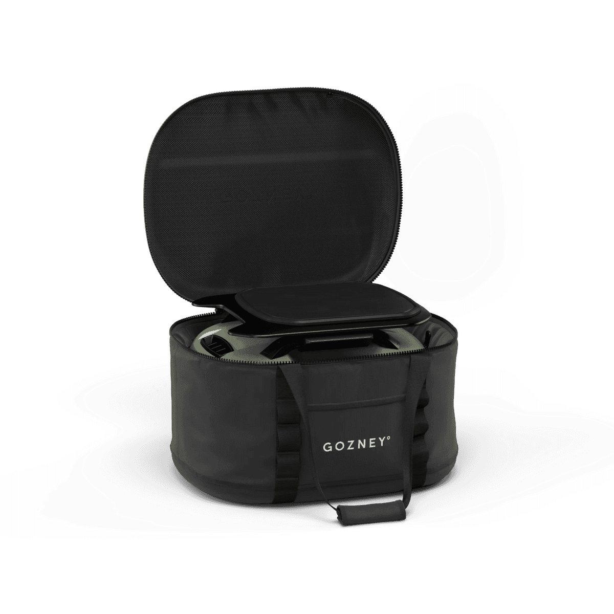 Black Gozney Tread Travel Cover, durable fabric, partially open, with oven inside and carry handle.