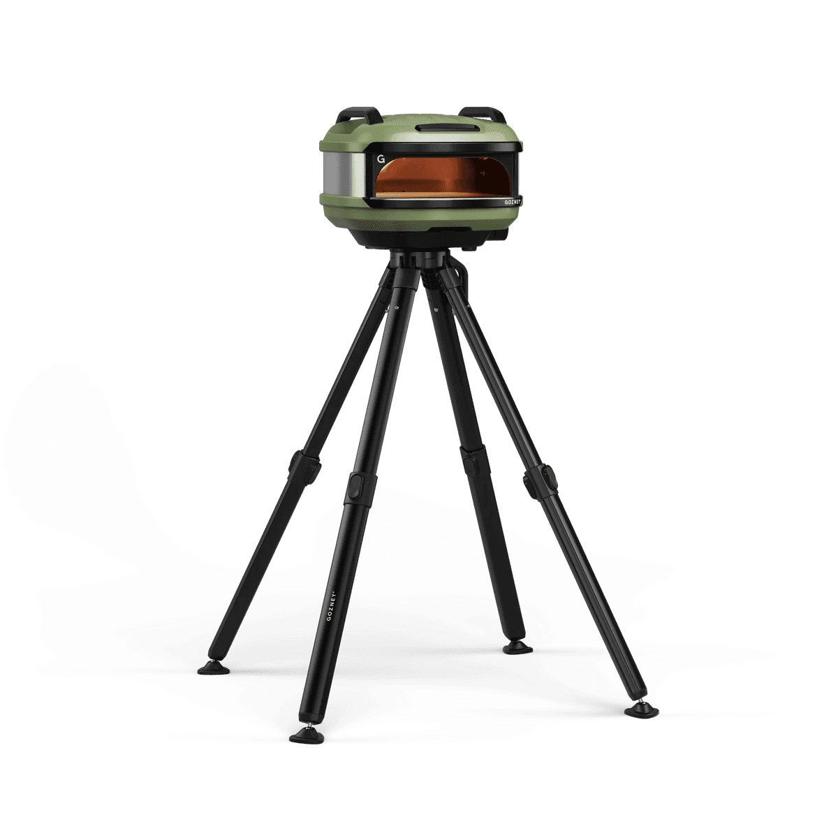 Gozney Tread pizza oven in olive green on a black tripod Venture Stand.