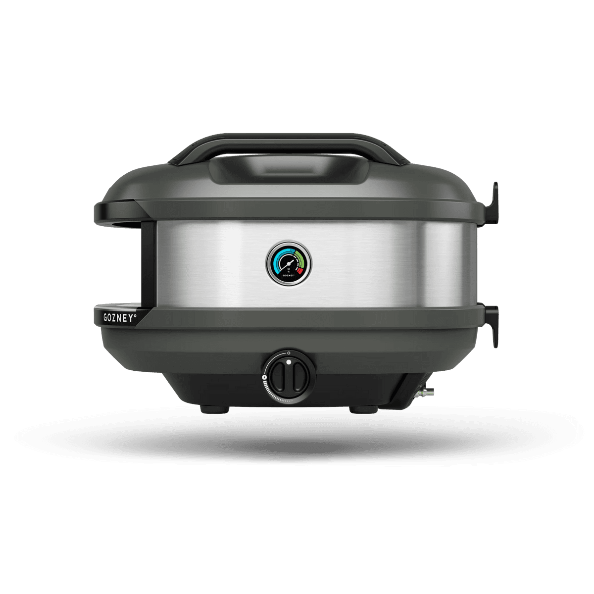 Compact Gozney Tread outdoor pizza oven with dark gray casing, brushed stainless steel body, and built-in thermometer.