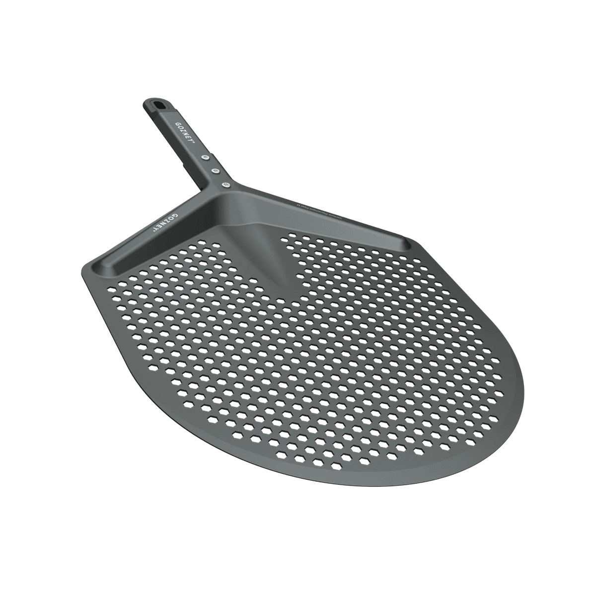 Dark grey perforated aluminum pizza peel with a short handle and rounded blade.