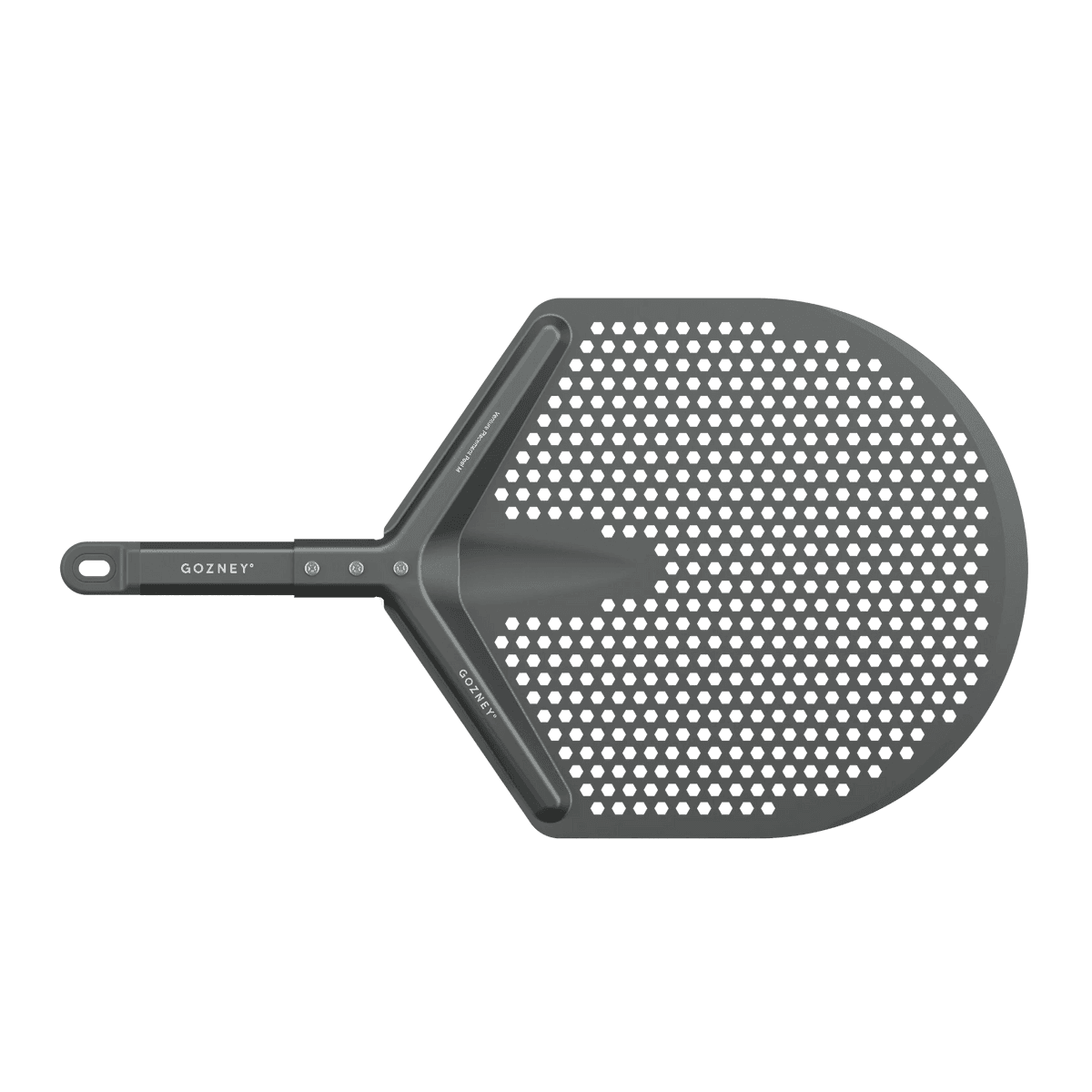 Dark grey perforated aluminum pizza peel with a short handle and rounded blade.