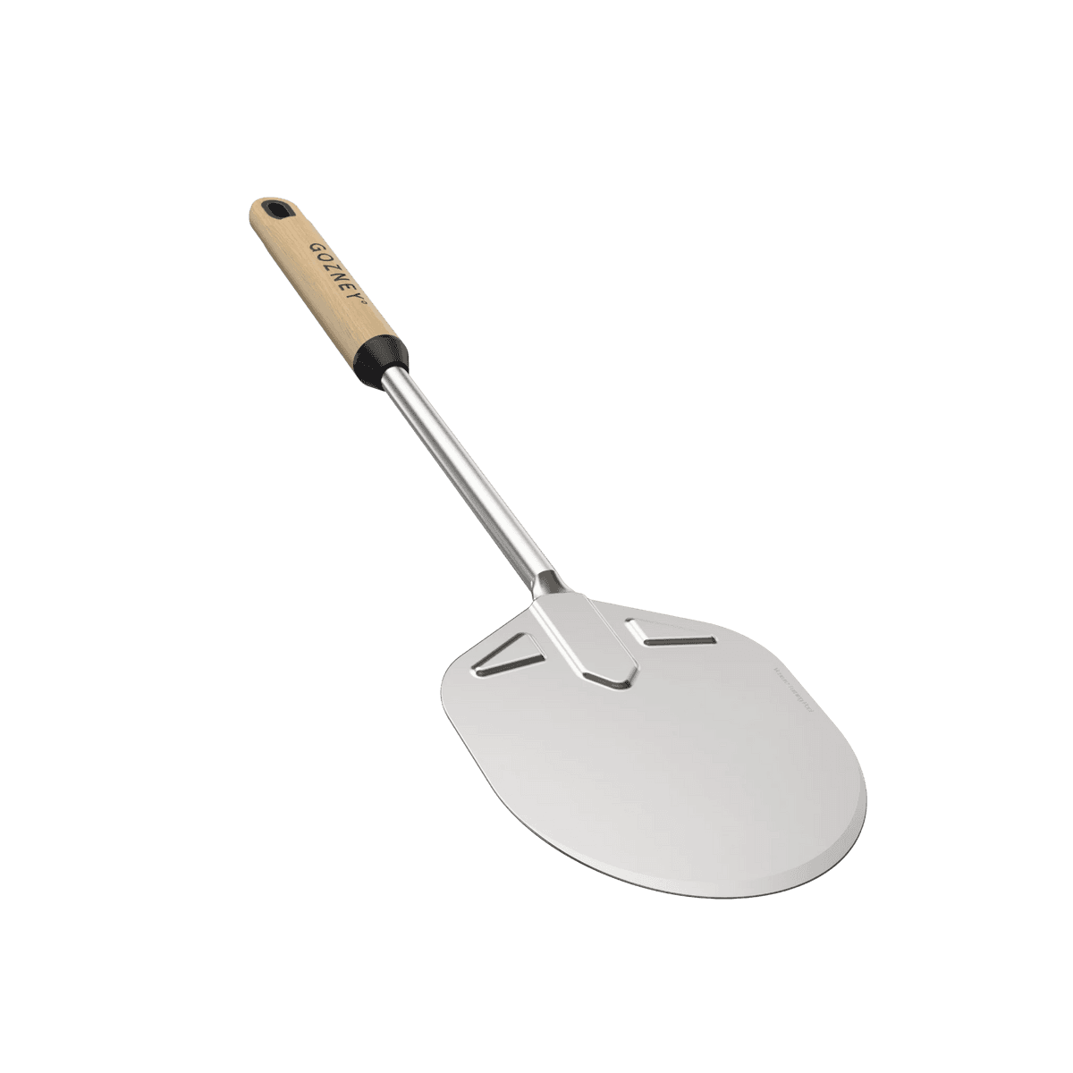 Venture Turning Peel: long stainless steel pizza peel with a perforated teardrop blade and light wood handle.
