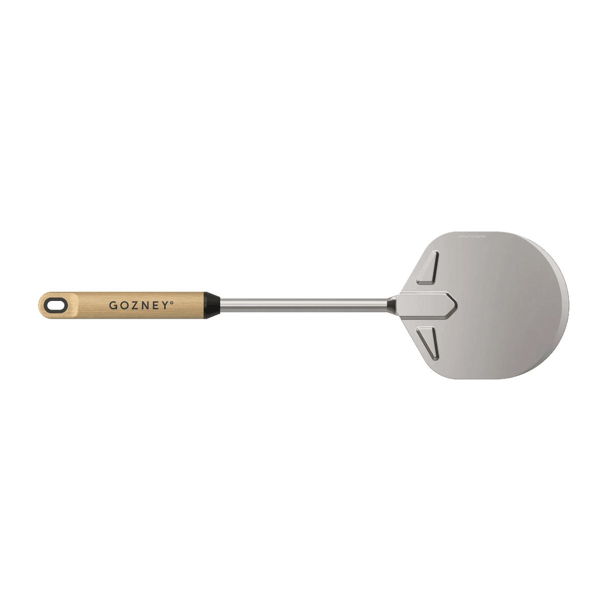 Gozney Venture Turning Peel with a long stainless steel handle and light Beech wood handle.
