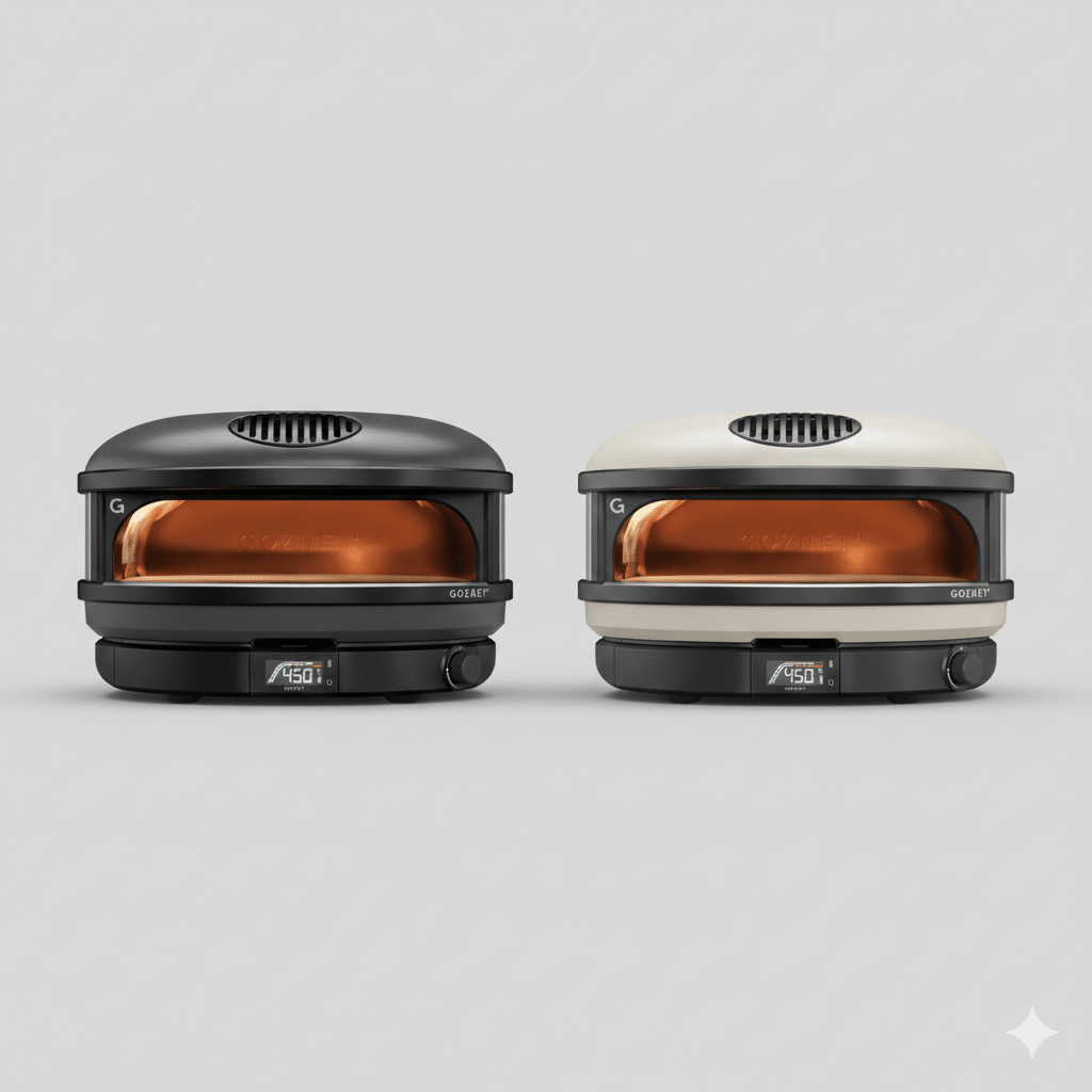 Two Arc XL pizza ovens, one black and one cream, with glowing orange interiors and digital temperature displays.