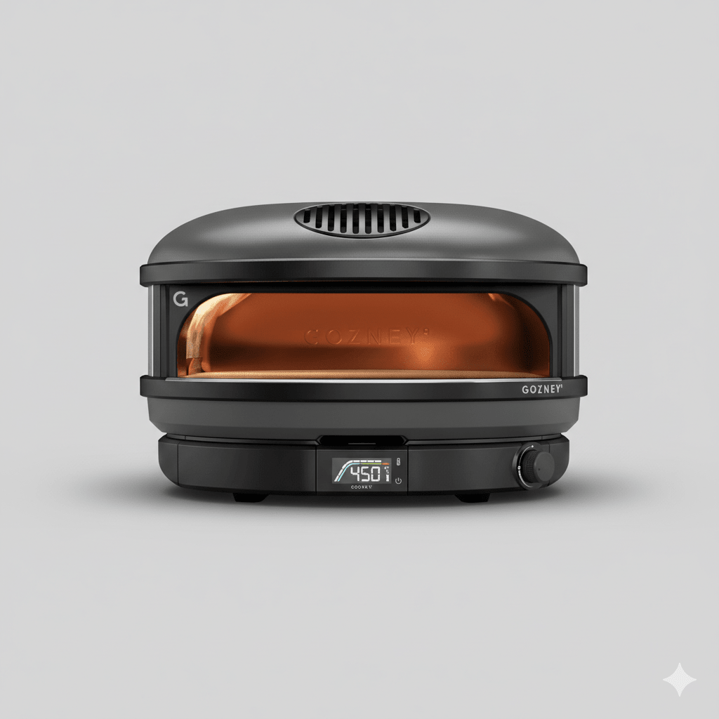 Sleek black Gozney Arc XL pizza oven with glowing orange interior and digital display showing 450 degrees.