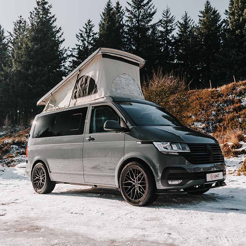 Grey Volkswagen T6.1 campervan in the snow