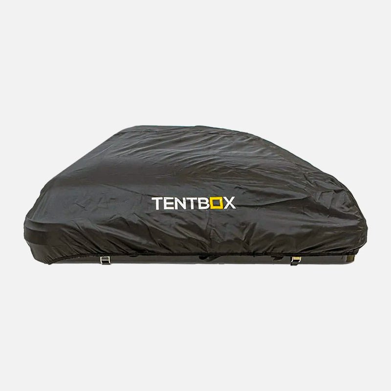 Black TentBox Classic protective cover, durable fabric with "TENTBOX" logo, shielding the rooftop tent.