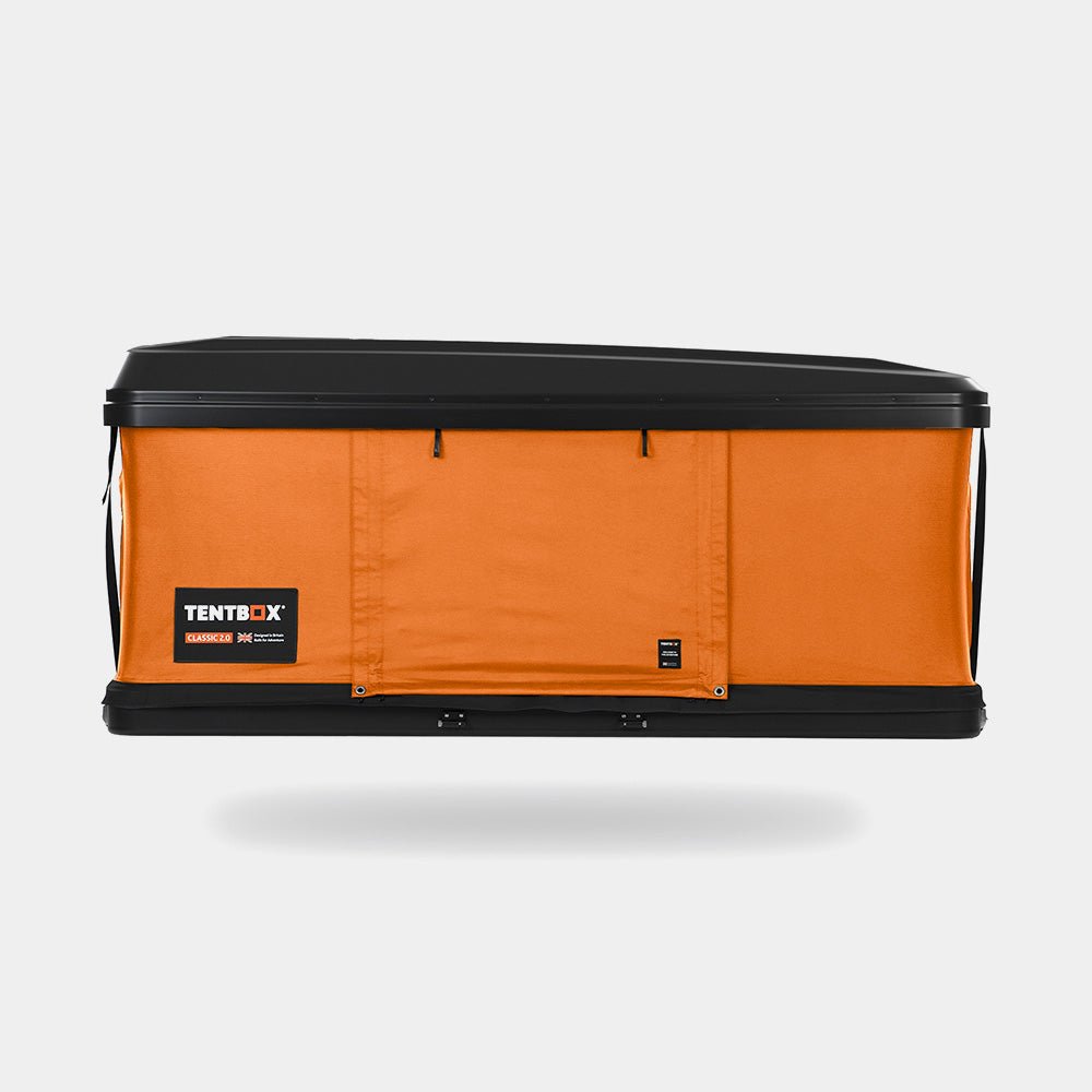 TentBox Classic 2.0 roof tent in orange with a matte black angular ABS shell.