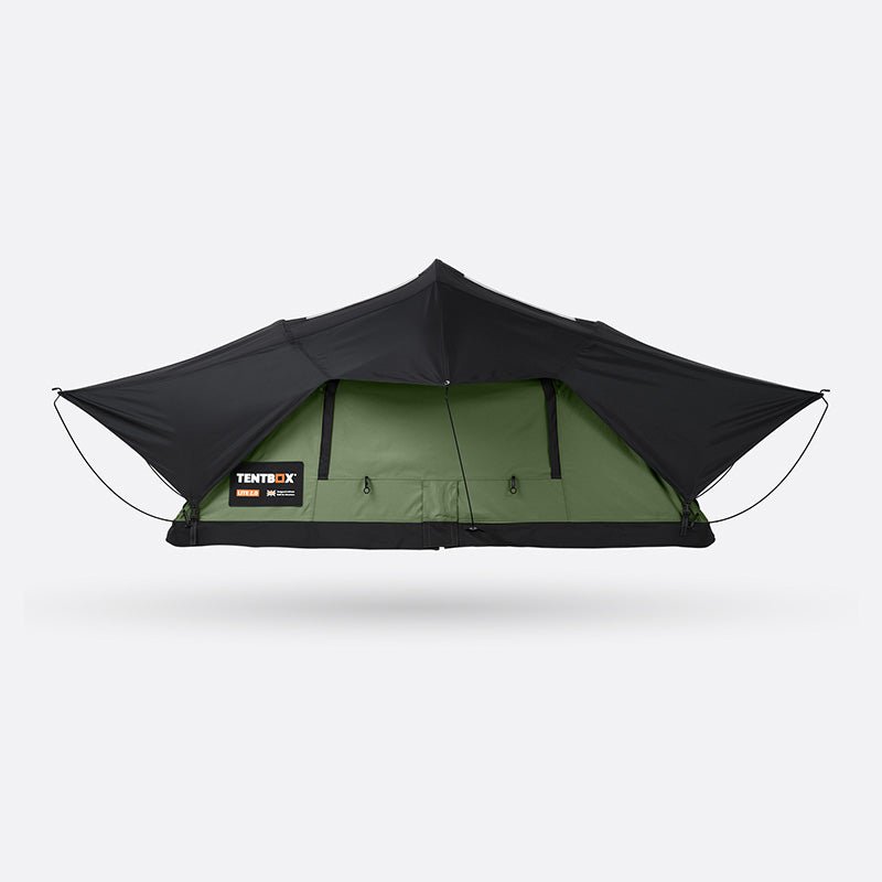 TentBox Lite 2.0 soft-shell rooftop tent in olive green with a black rainfly, ready for adventure.