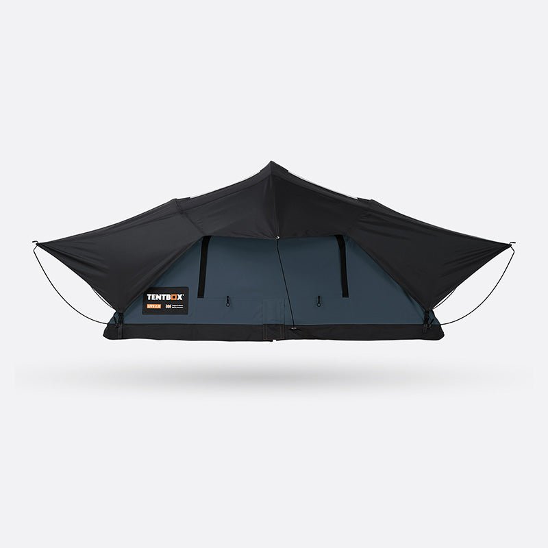 Black TentBox Lite 2.0 soft-shell roof tent with dark grey base and rainfly, ready for adventure.