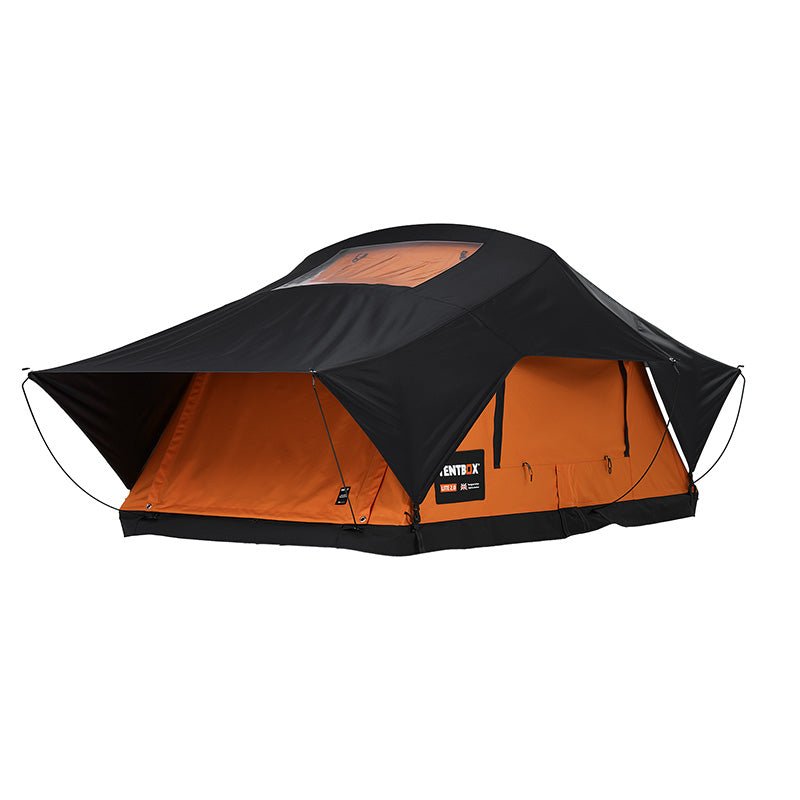 TentBox Lite 2.0 soft-shell rooftop tent, black rainfly over an orange ripstop polyester shell with skylights.