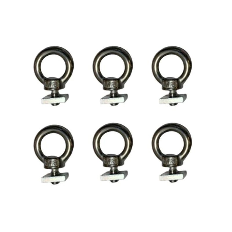 Six shiny silver metal O-rings with threaded bolts and square nuts for TentBox Cargo accessory rail.