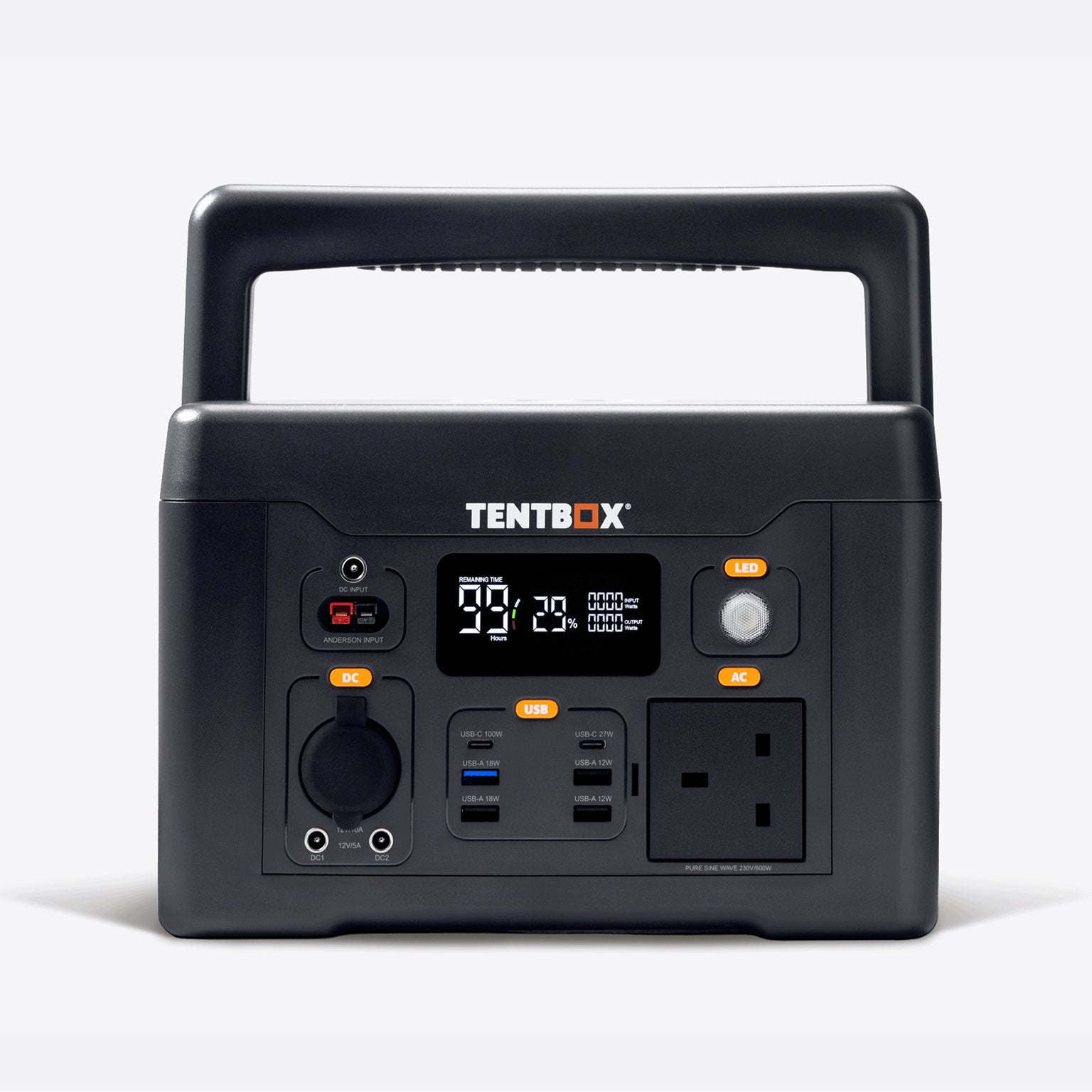 Black TentBox Power Station with digital display, USB, AC, and 12V outputs, and a sturdy carry handle.