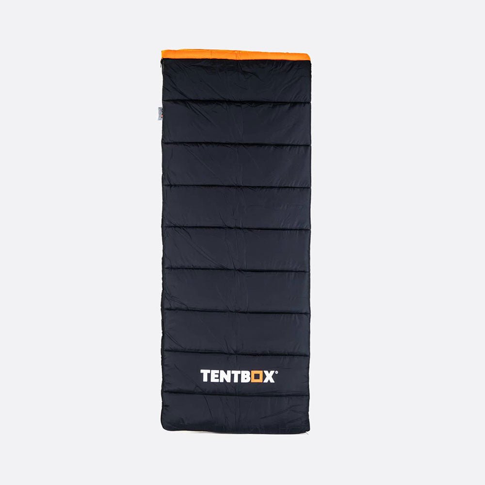 Black TentBox sleeping bag with an orange interior lining, designed for extreme temperatures.