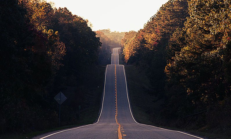 Picture of a long, straight road through a forest with the sun setting in the background