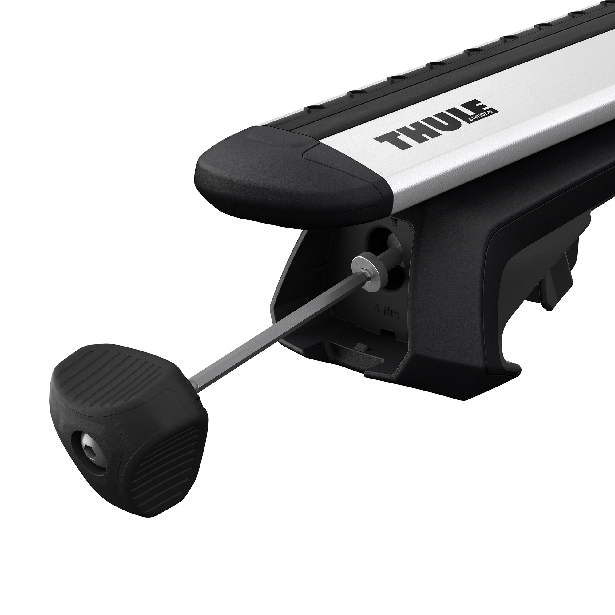 Thule WingBar Evo silver roof bar with black foot pack and tightening tool.