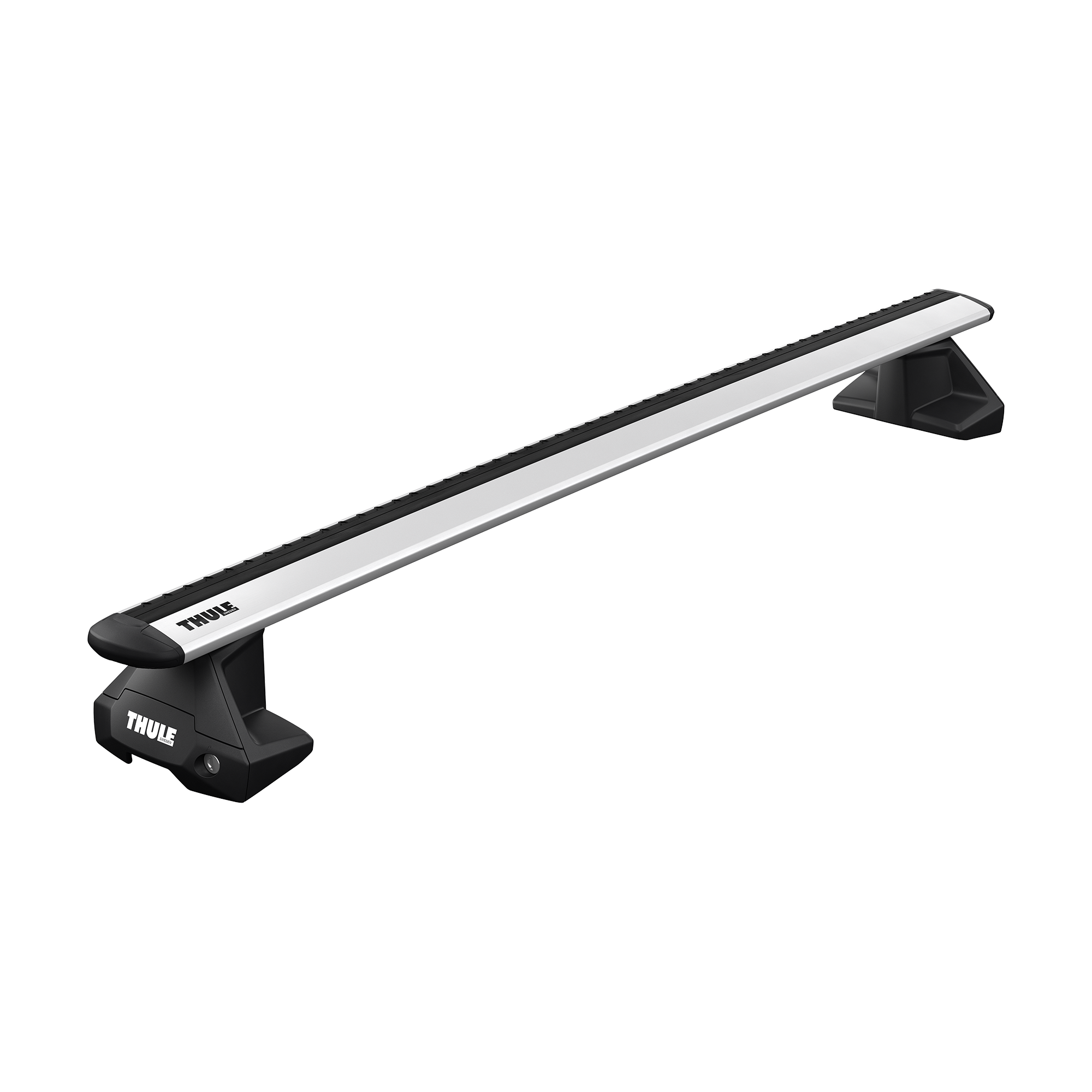 Thule WingBar Evo silver aluminum roof bar with black Evo Clamp feet.