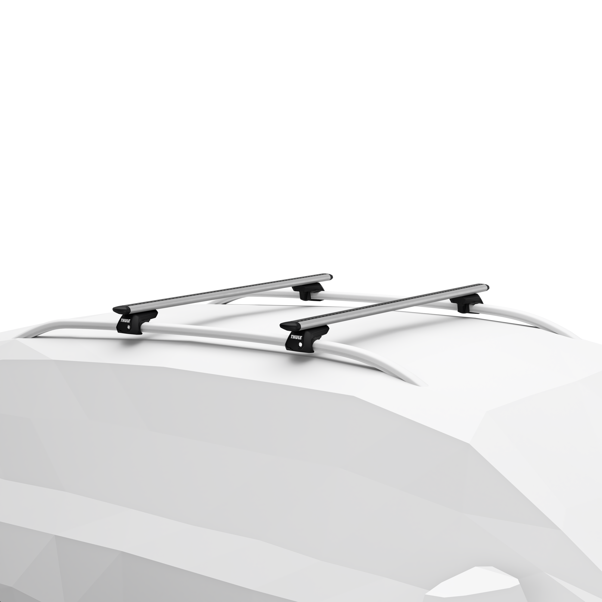 Thule WingBar Evo silver roof bars mounted on raised roof rails of a white car.