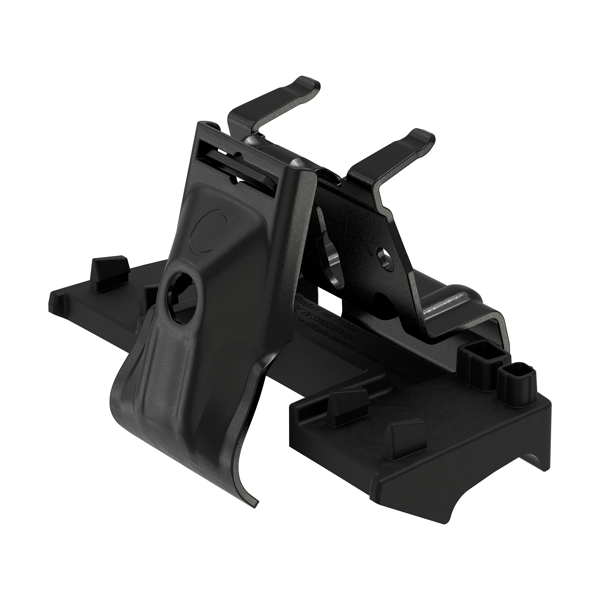 Thule Flush Rail Fitting Kit with black metal clamps and a protective rubber base.
