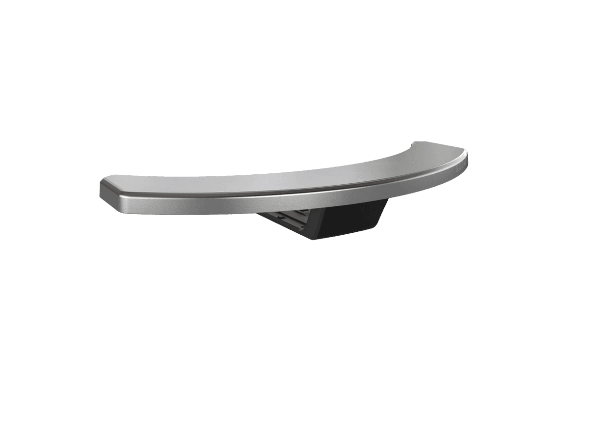 Silver Arc XL Mantel, a curved stainless steel and black aluminum oven work surface extension.