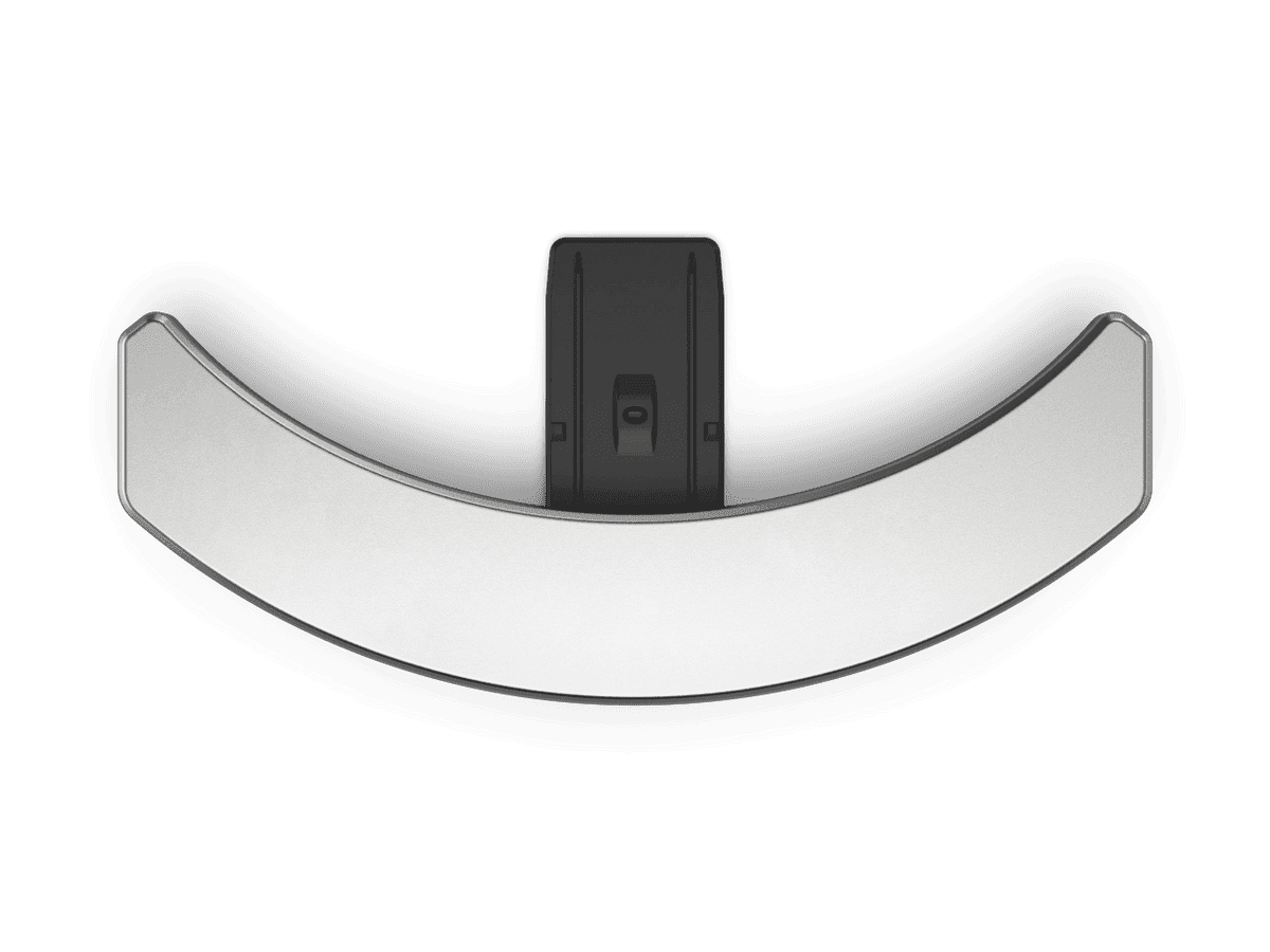 Silver Arc XL Mantel, a curved stainless steel and black aluminum oven work surface extension.
