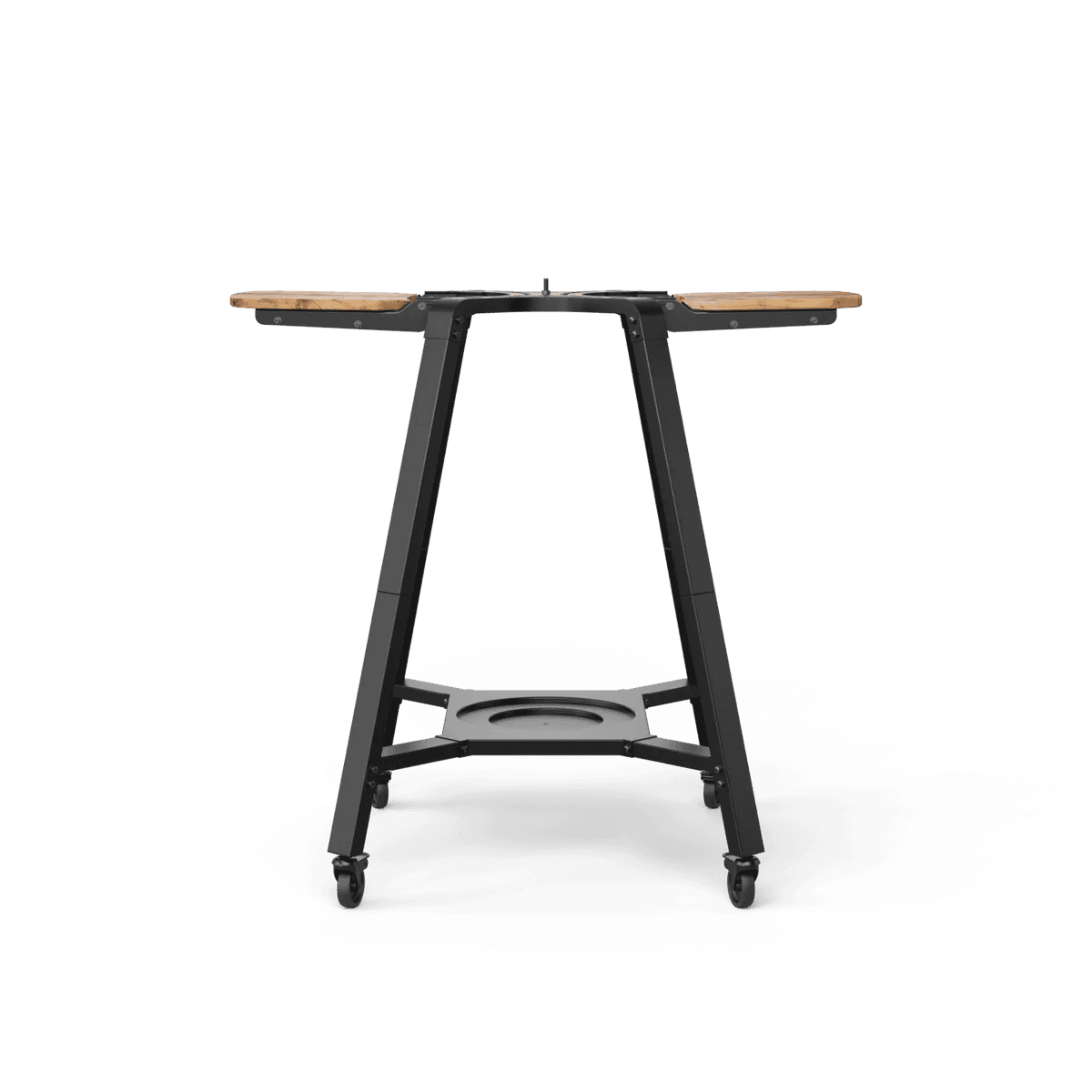 Black steel Arc & Arc XL oven stand with acacia wood wings, gas tank platform, and locking caster wheels.
