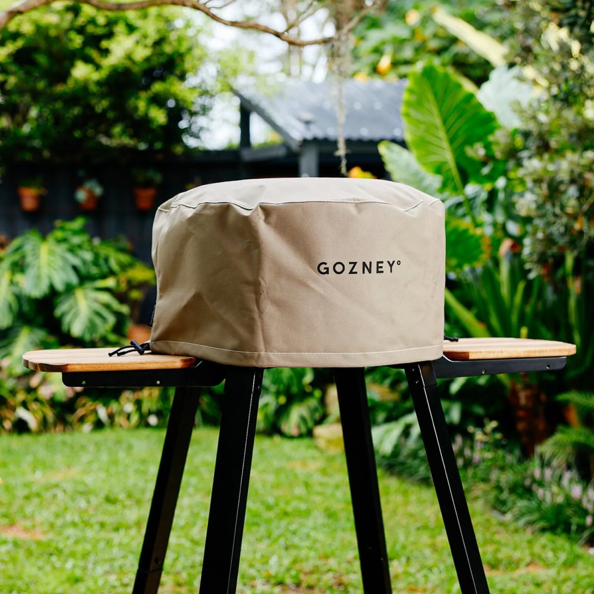 Tan Gozney Arc XL oven cover made from durable, water-repellent polyester with PVC coating.