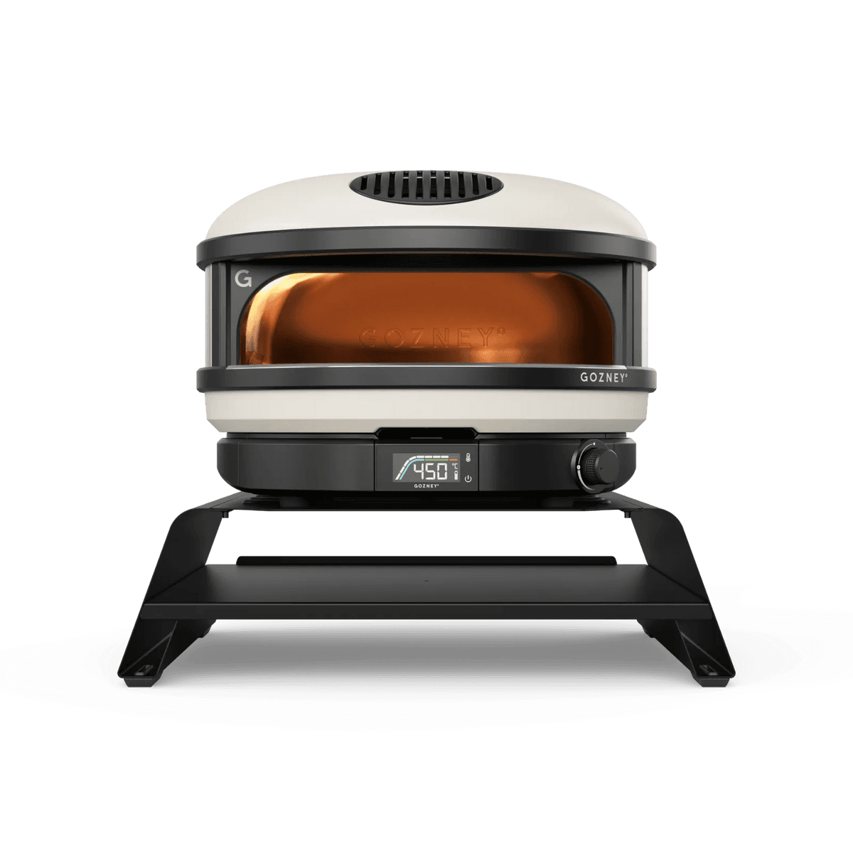 Black powder-coated steel Arc & Arc XL Booster elevating a white Gozney pizza oven with a digital display.