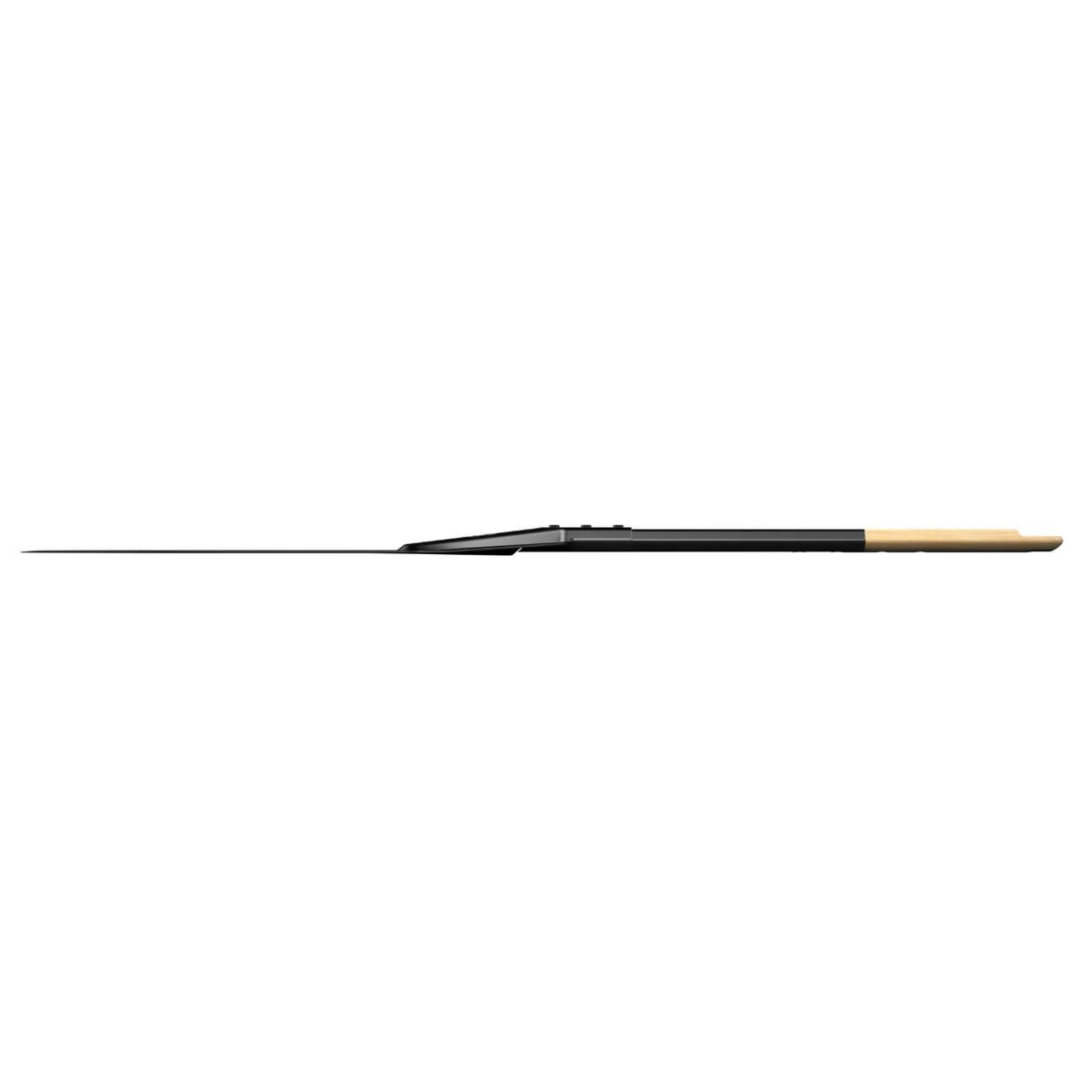 Side view of a Balance Placement Peel with a black perforated aluminium blade and light wood handle.