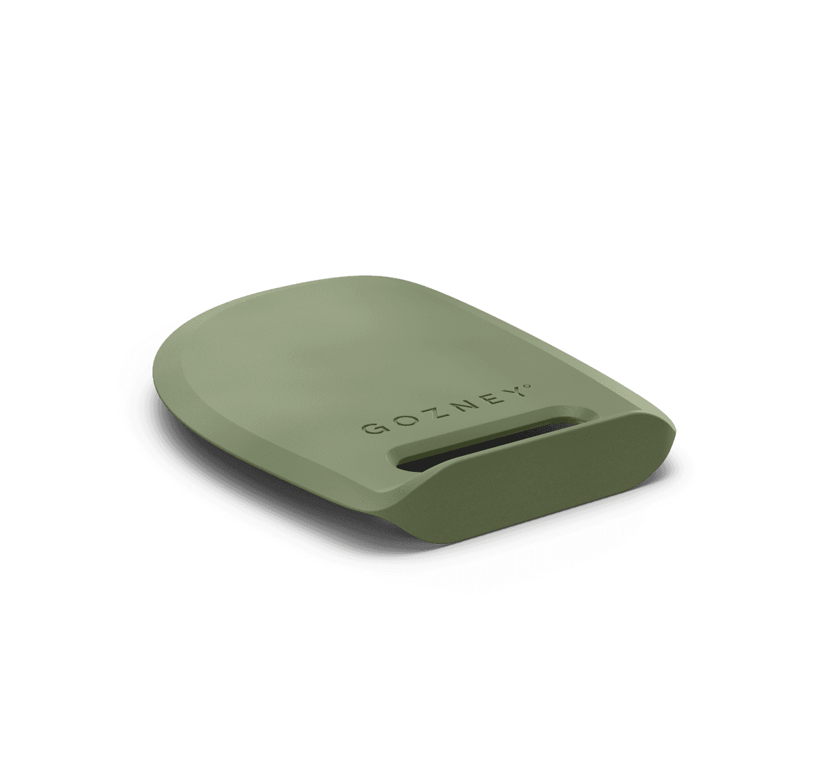 Gozney Dough Scraper: Olive green silicone scraper with stainless steel core and embossed logo.