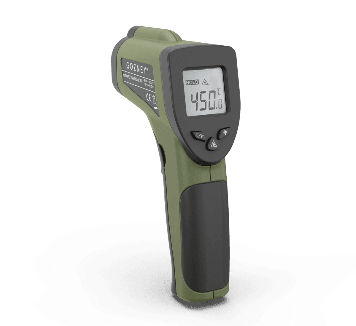 Gozney Infrared Thermometer, olive green and black, showing a digital display of "450.0°C".