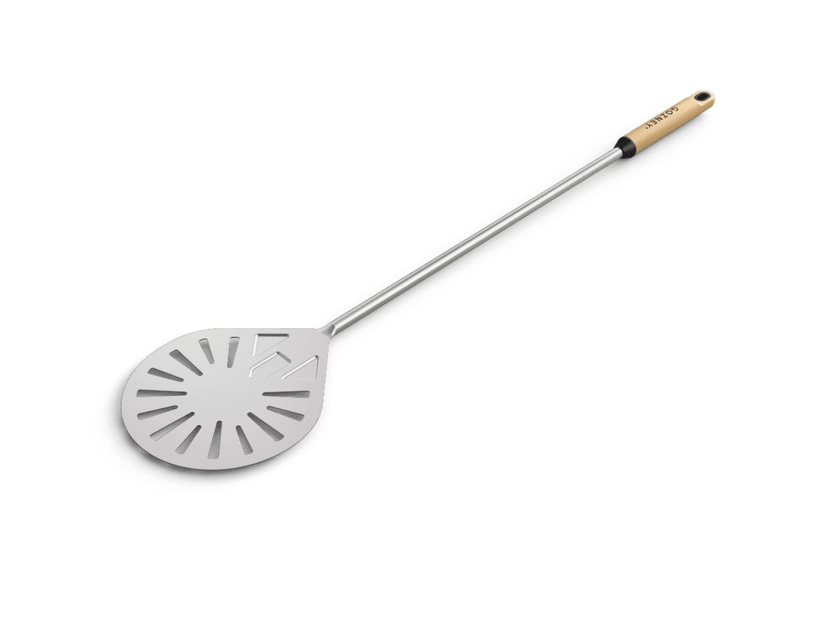 Long stainless steel Balance Turning Peel with perforated teardrop blade and light wood handle.