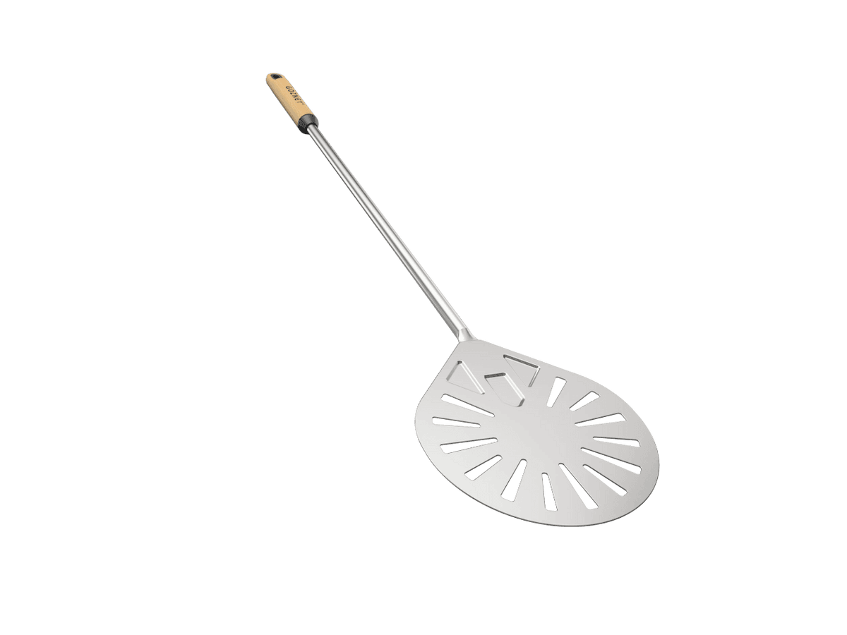 Long Balance Turning Peel with a perforated stainless steel teardrop blade and light wood handle.