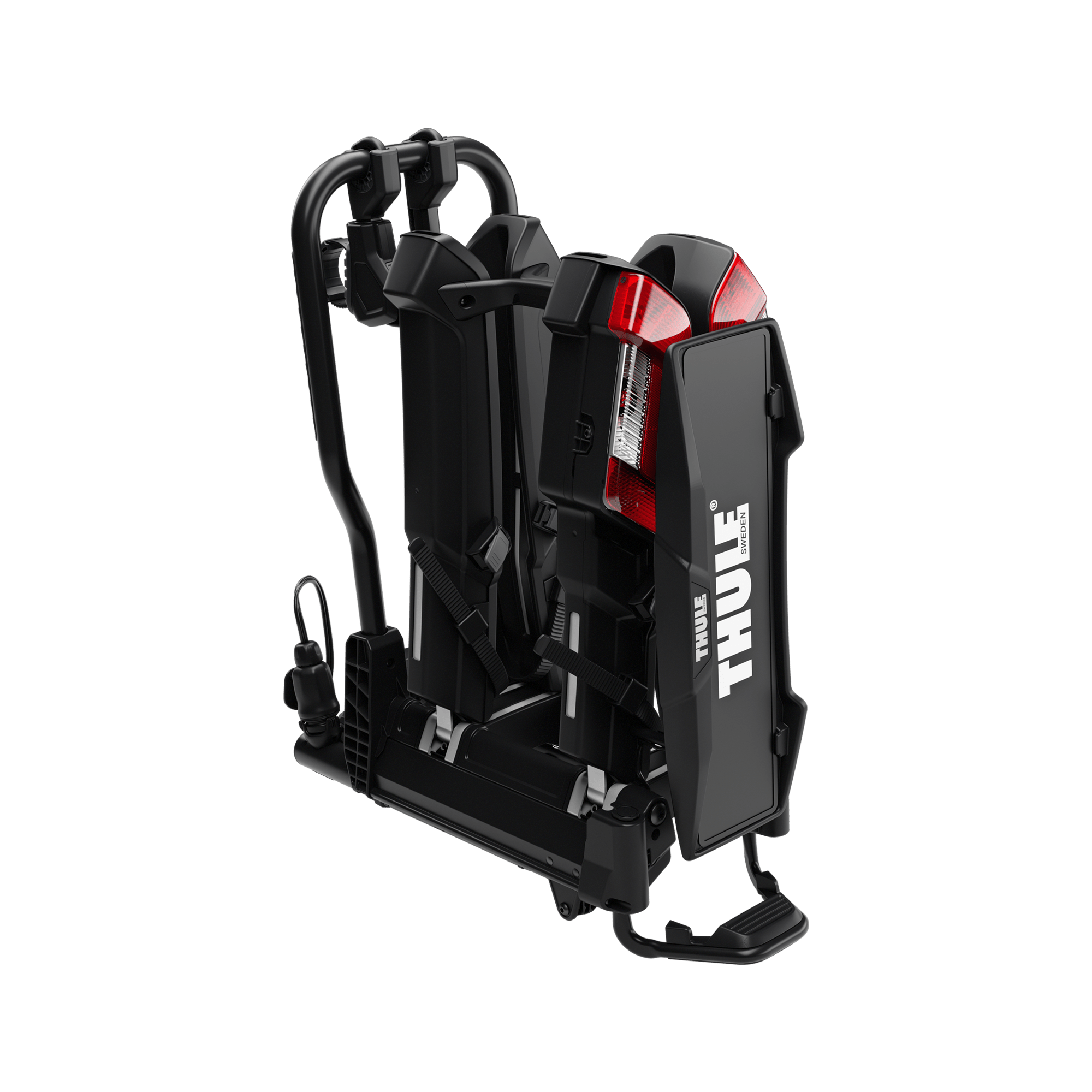 Black Thule EasyFold 3 2-bike towbar carrier, folded for storage, with red taillights and logo.