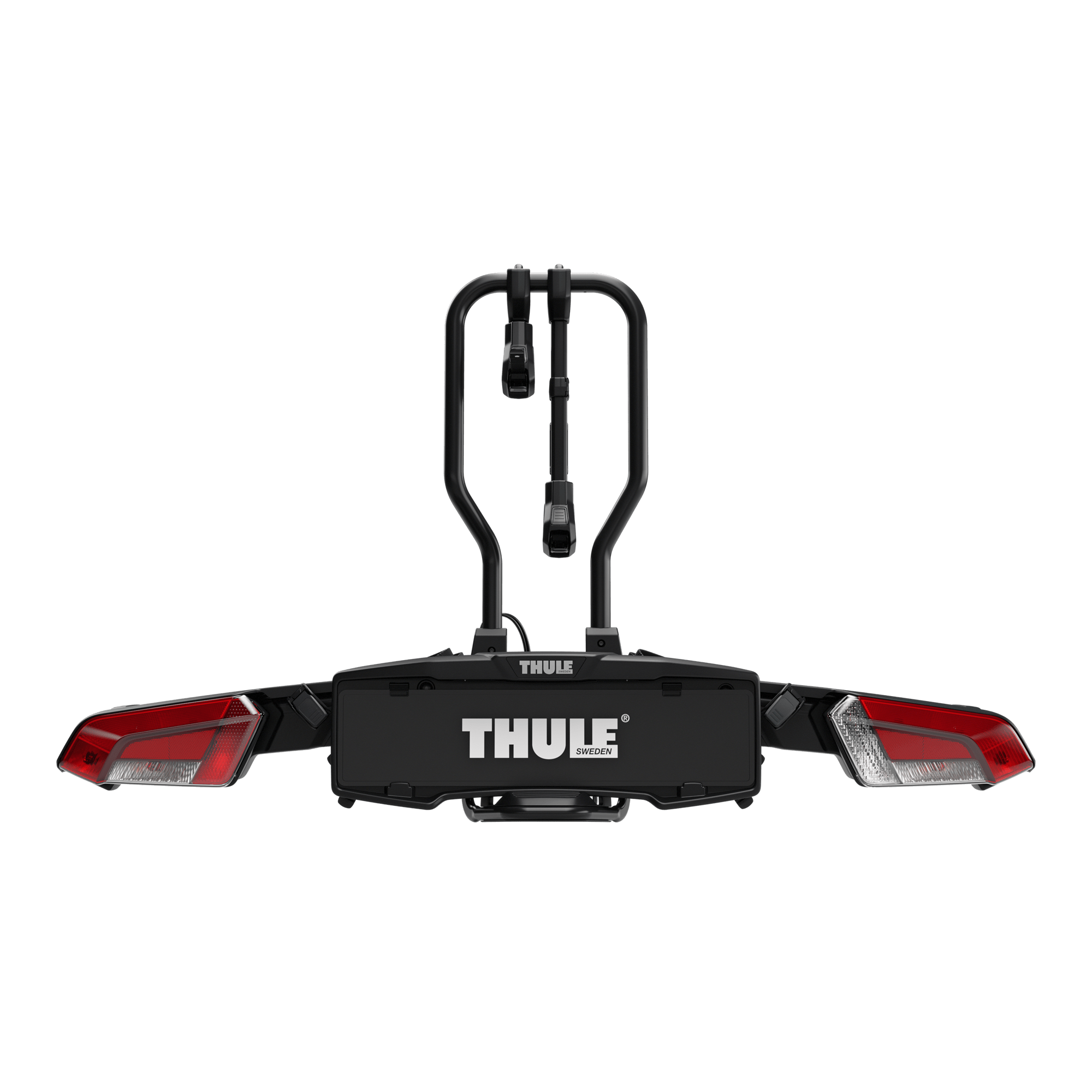 Black Thule EasyFold 3 2-bike towbar carrier with red taillights and folding design.