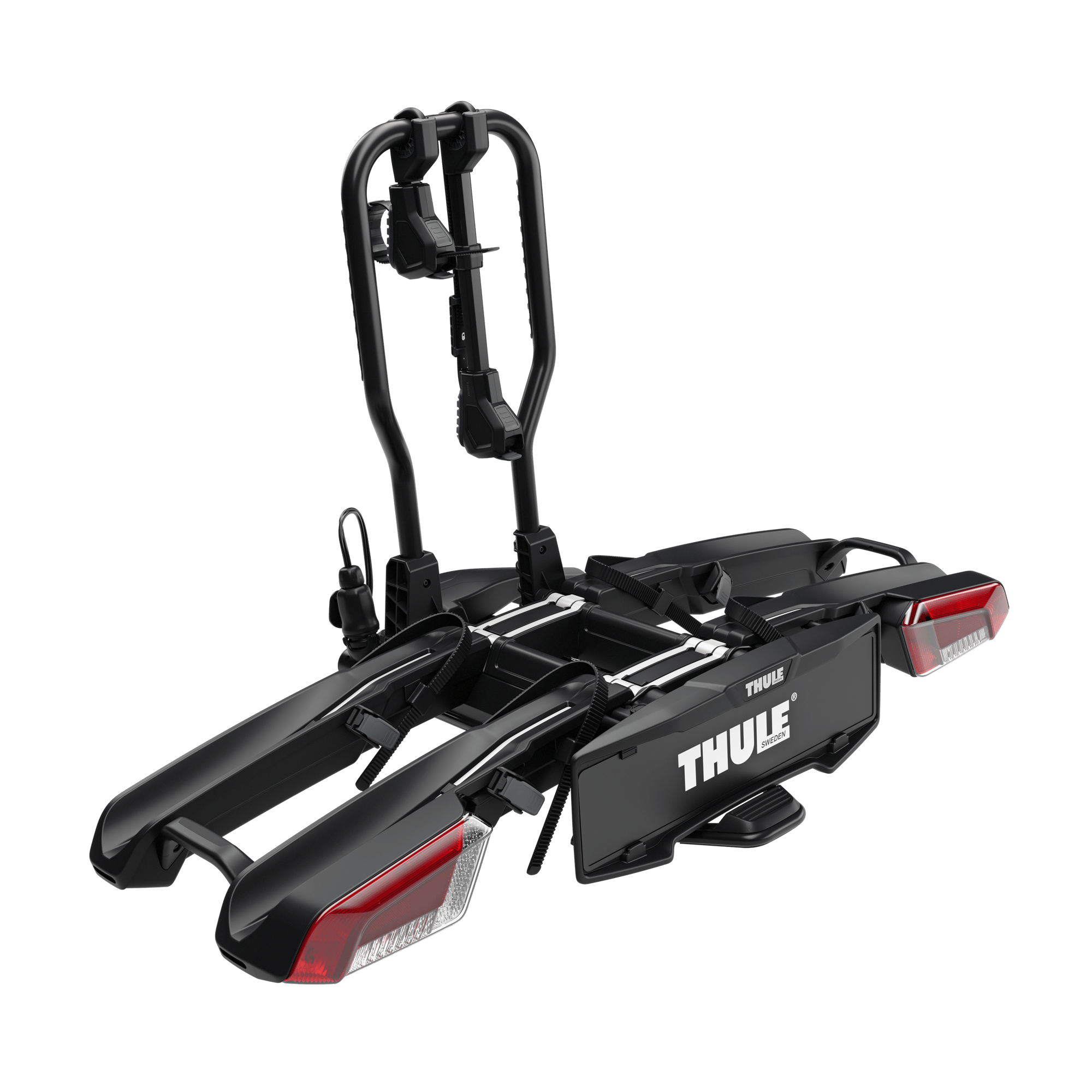 Black Thule EasyFold 3 2-bike towbar carrier with red taillights, robust steel construction, and folding design.