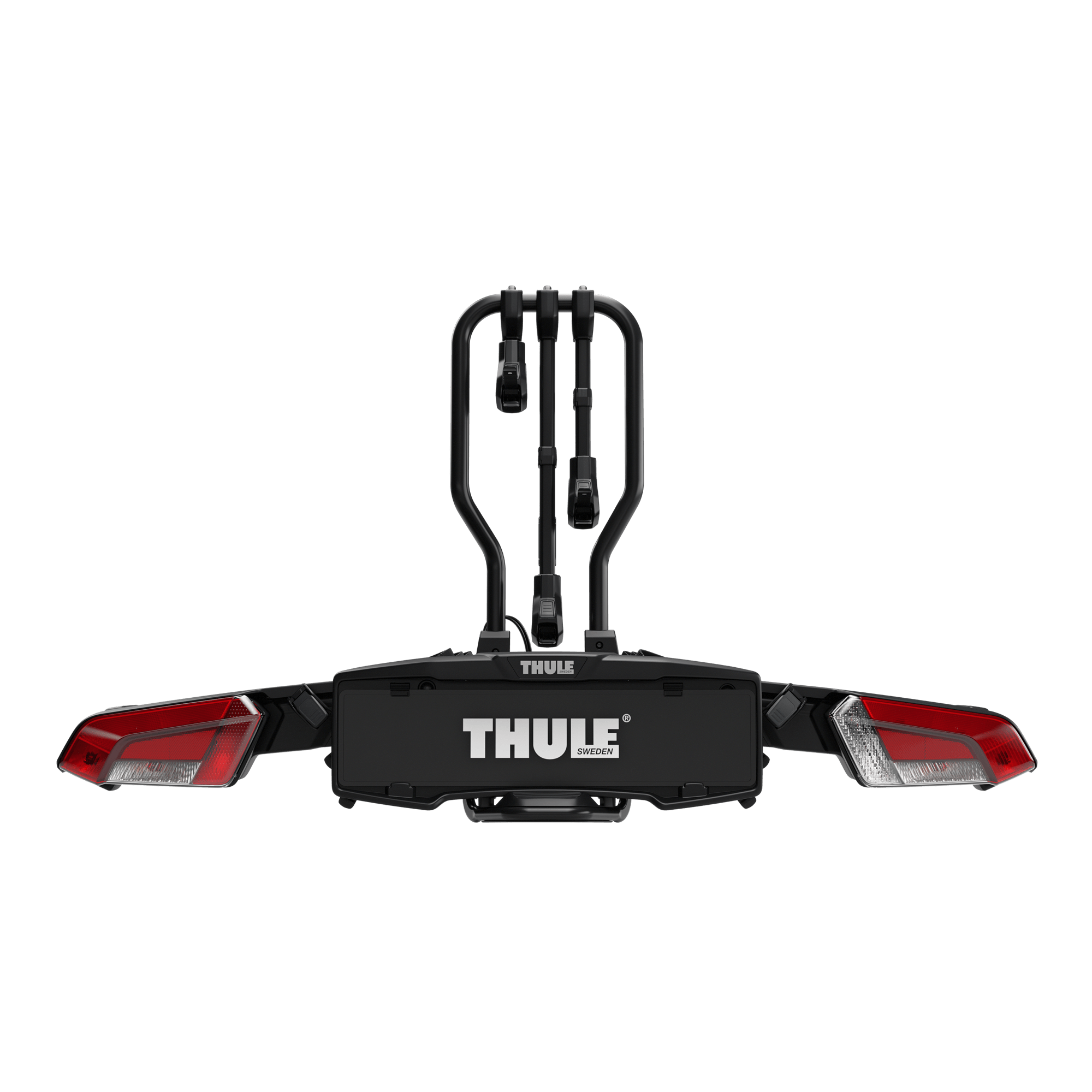 Black Thule EasyFold 3 3-bike towbar carrier with red taillights and adjustable arms.