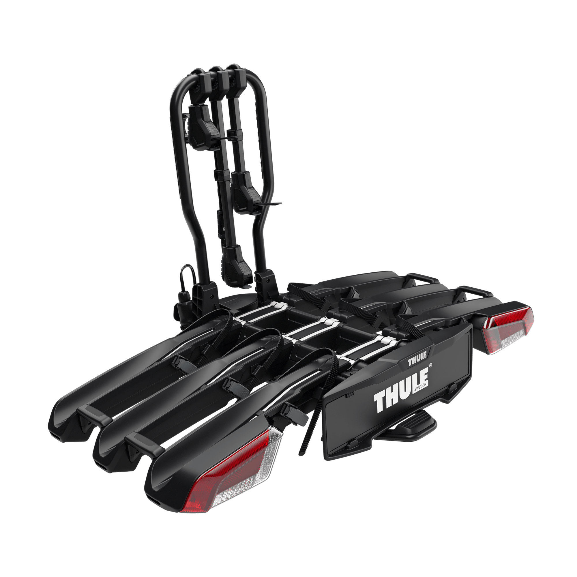 Thule EasyFold 3 3-bike towbar-mounted carrier in black steel, featuring adjustable arms and integrated taillights.