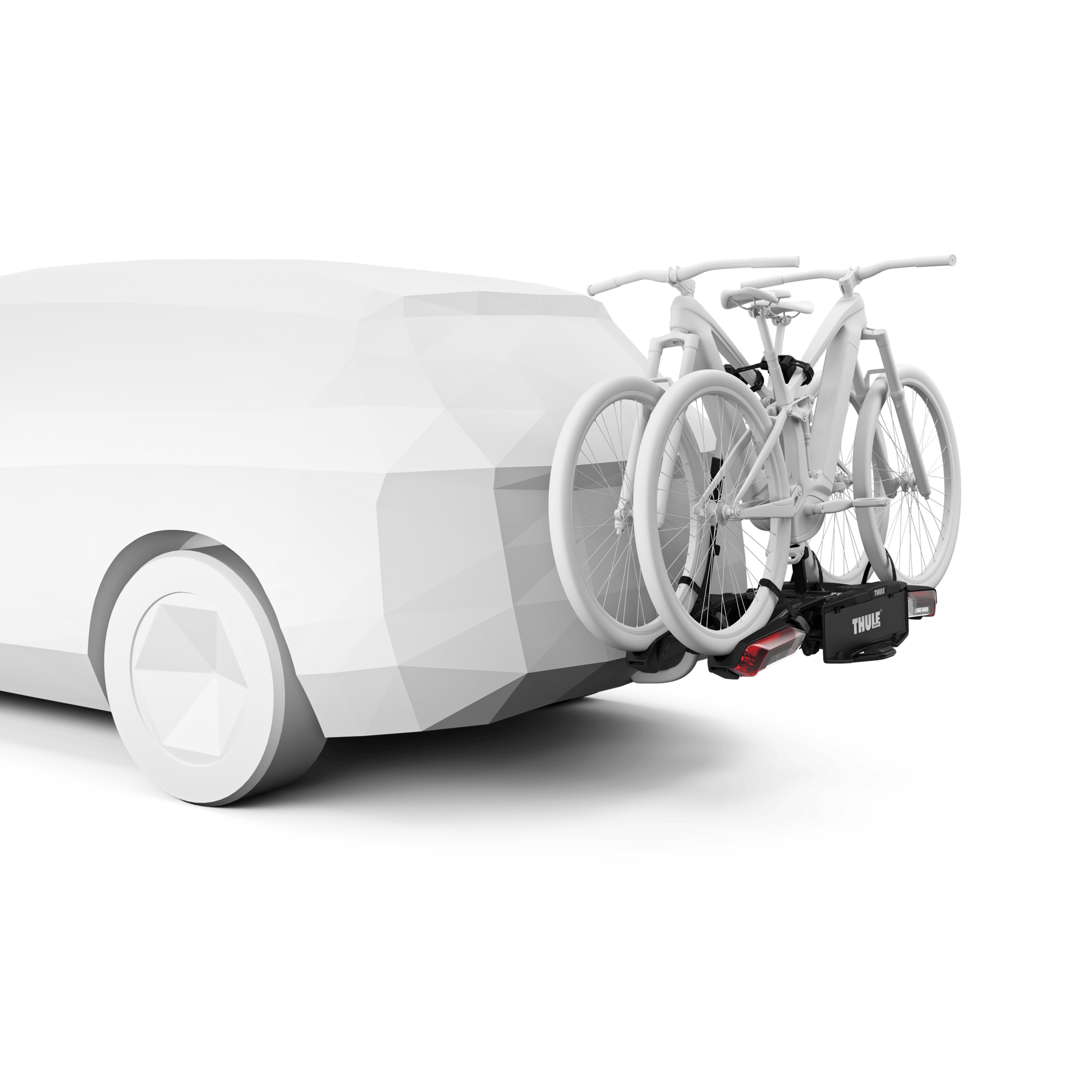Thule Epos 2-bike 13-pin black hitch-mounted bike rack with two white bikes on a white car.