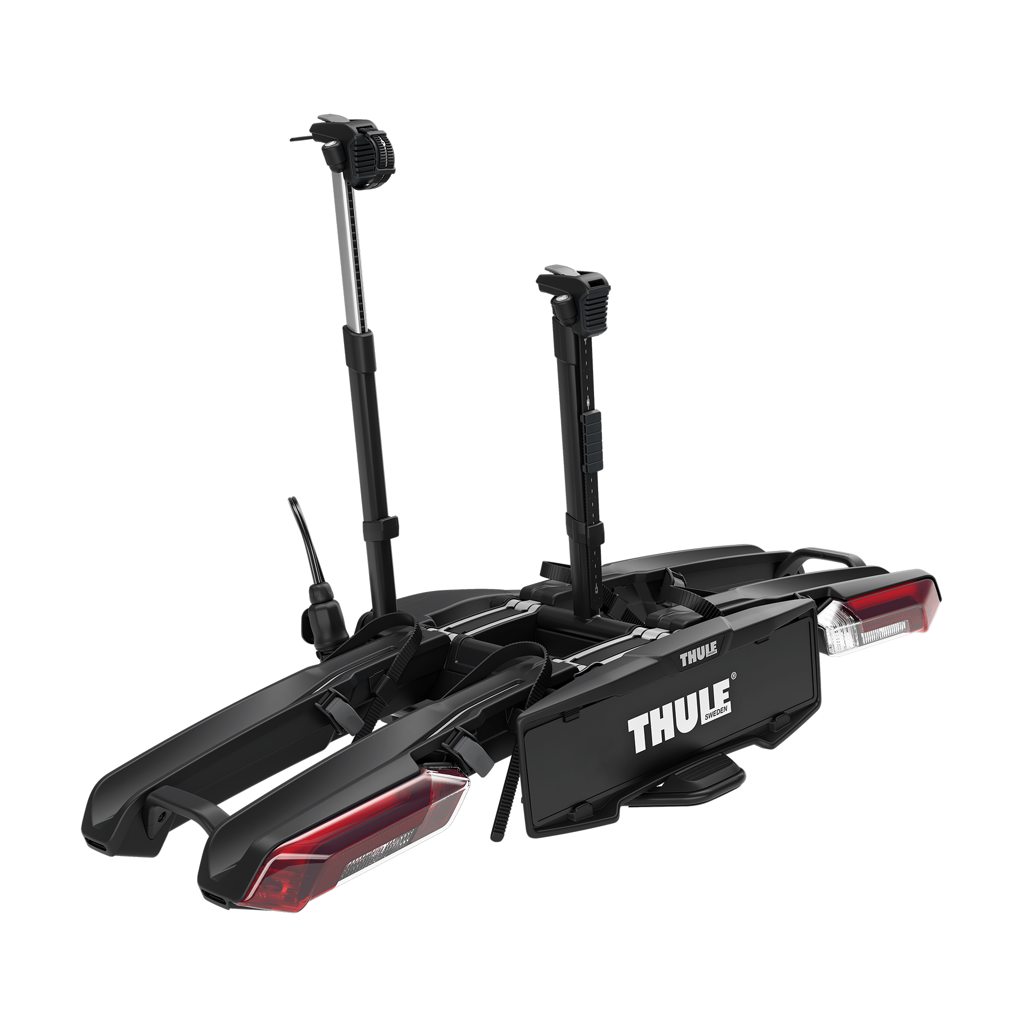 Black Thule Epos 2-bike rack with red taillights and telescopic arms for easy bike attachment.