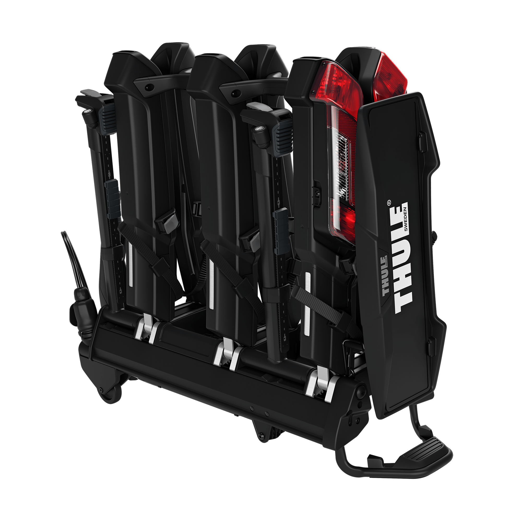 Thule Epos 3-bike rack, black, folded compact with red taillights and "Thule Sweden" logo.
